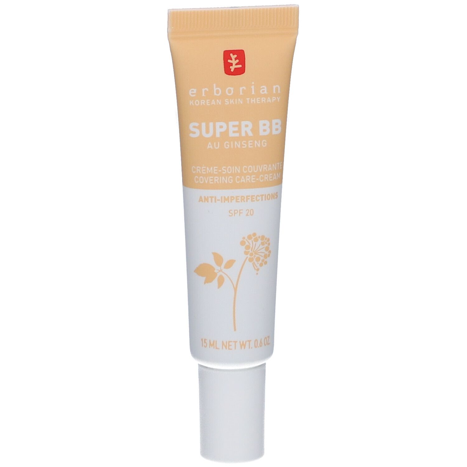 Tube de crème SUPER BB Erborian. Tube beige avec bouchon blanc. Inscriptions et logo visibles. SPF 20.