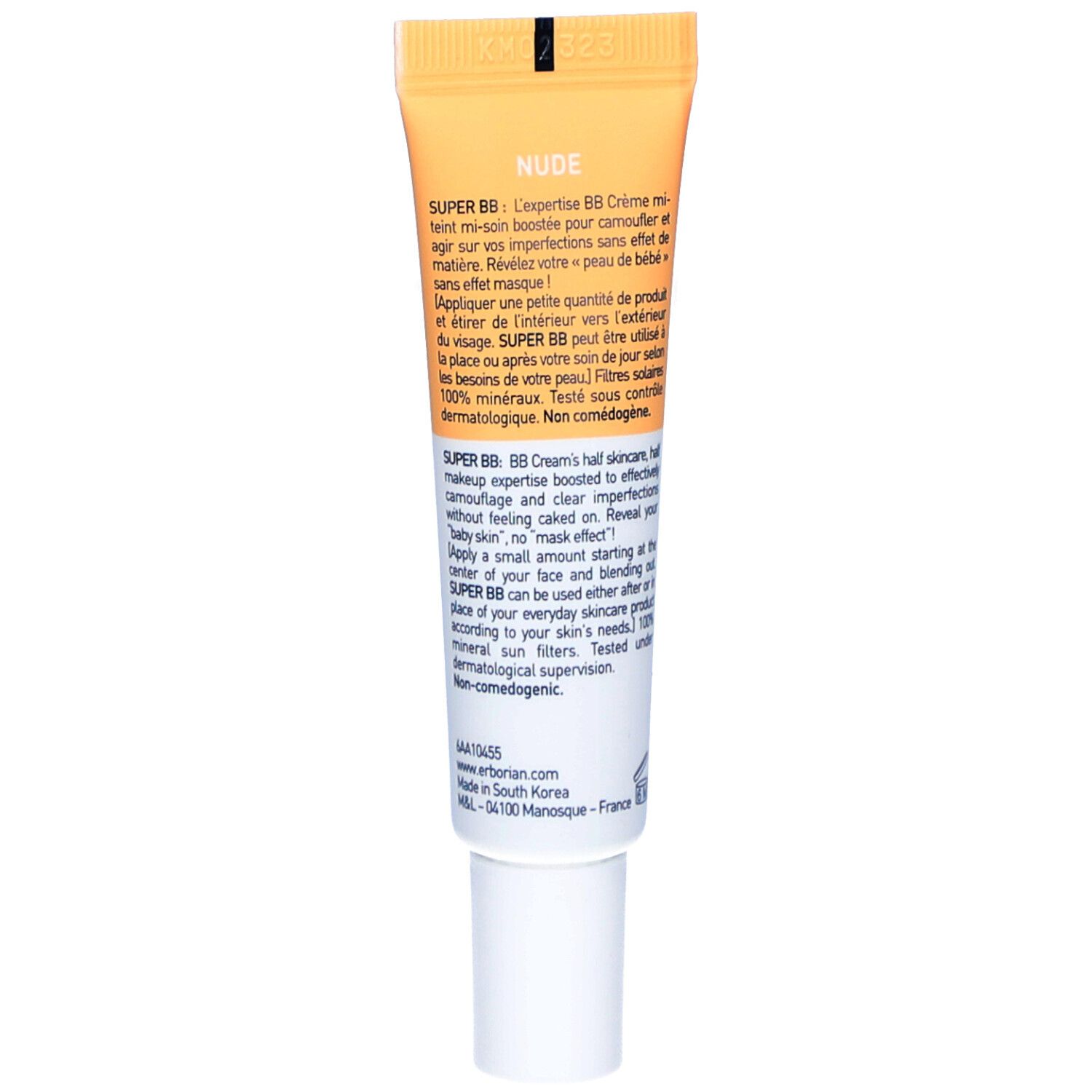 Dos du tube de crème SUPER BB. Texte multilingue. Nom du produit, ingrédients et informations du fabricant.