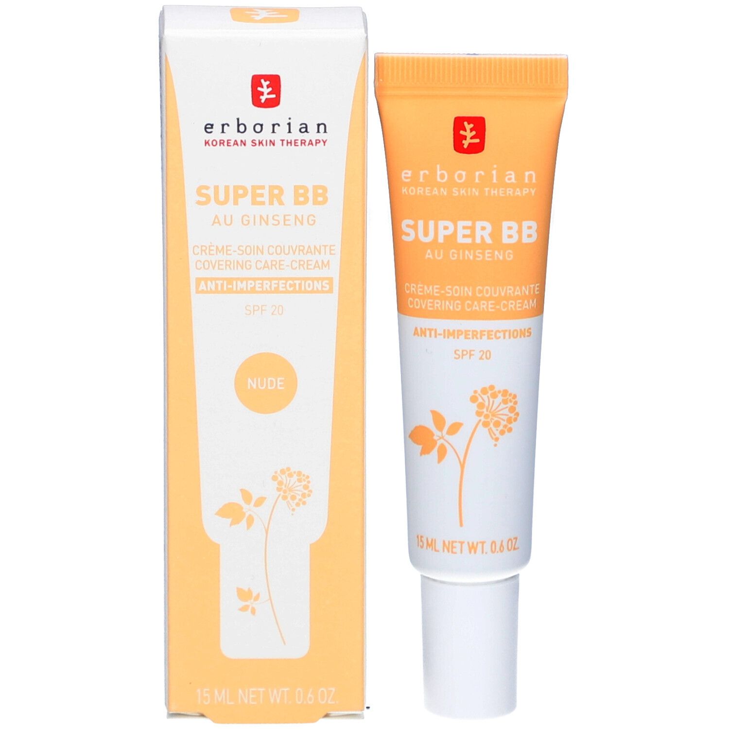 Emballage et tube SUPER BB. Boîte et tube côte à côte. Marque Erborian, nom du produit, couleur Nude.