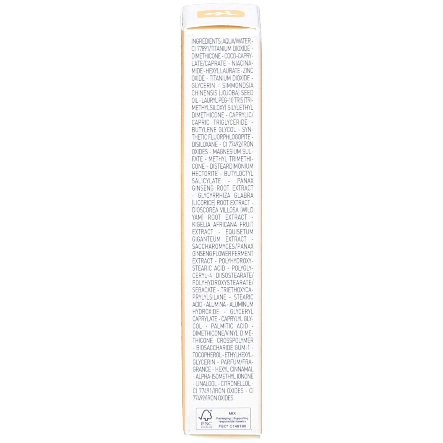 Côté de l'emballage SUPER BB. Liste des ingrédients. Texte multilingue.