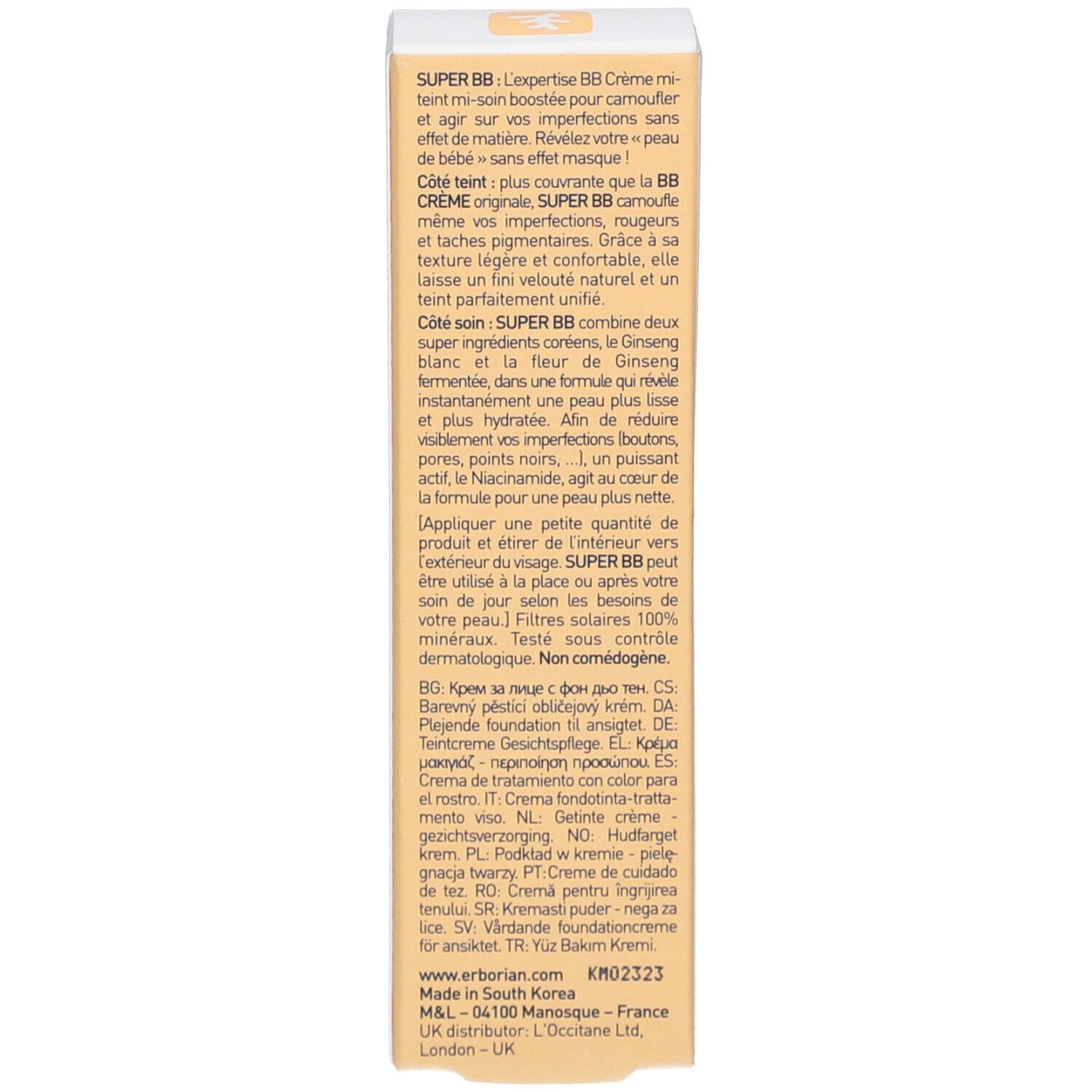Dos de l'emballage SUPER BB. Texte multilingue. Description du produit et informations du fabricant.