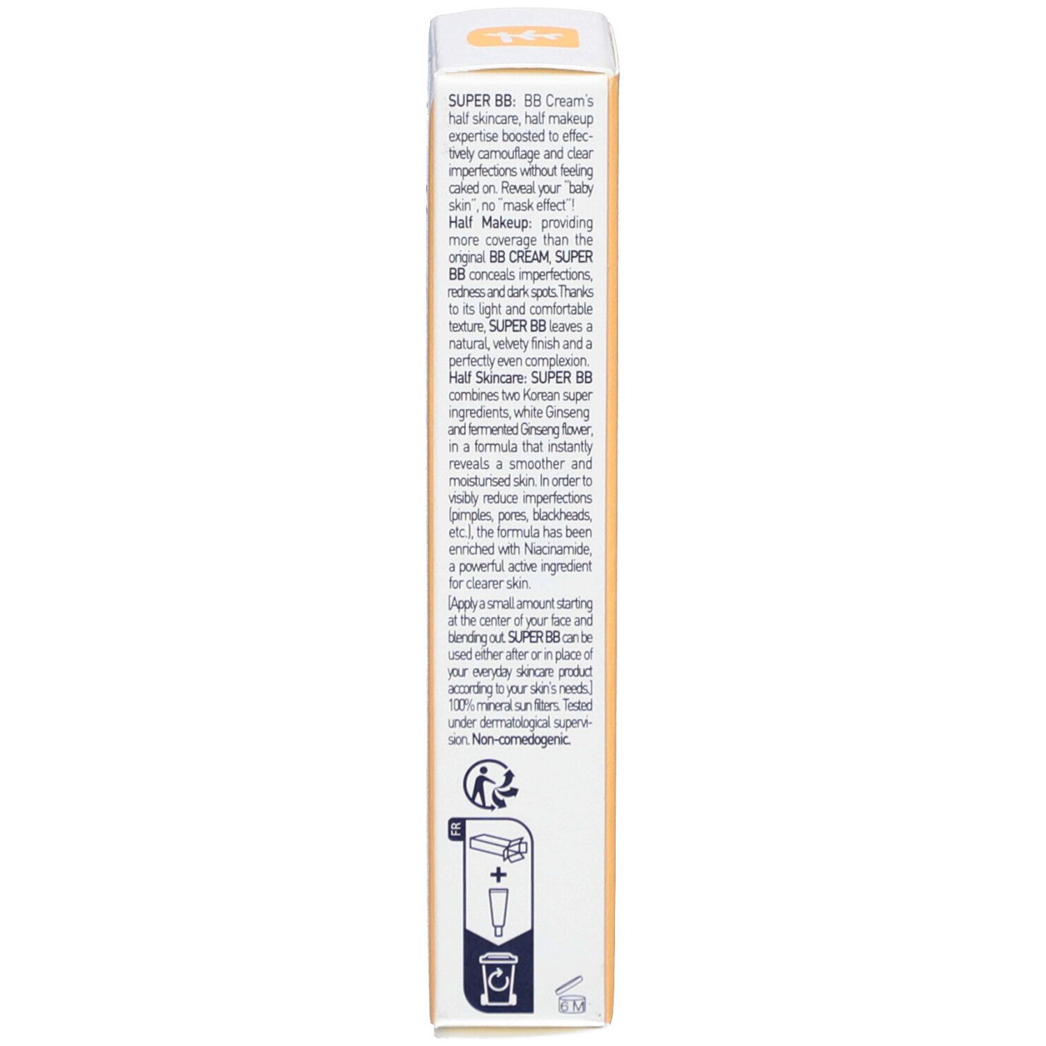 Côté de l'emballage SUPER BB. Description du produit en anglais. Illustrations et informations du fabricant.