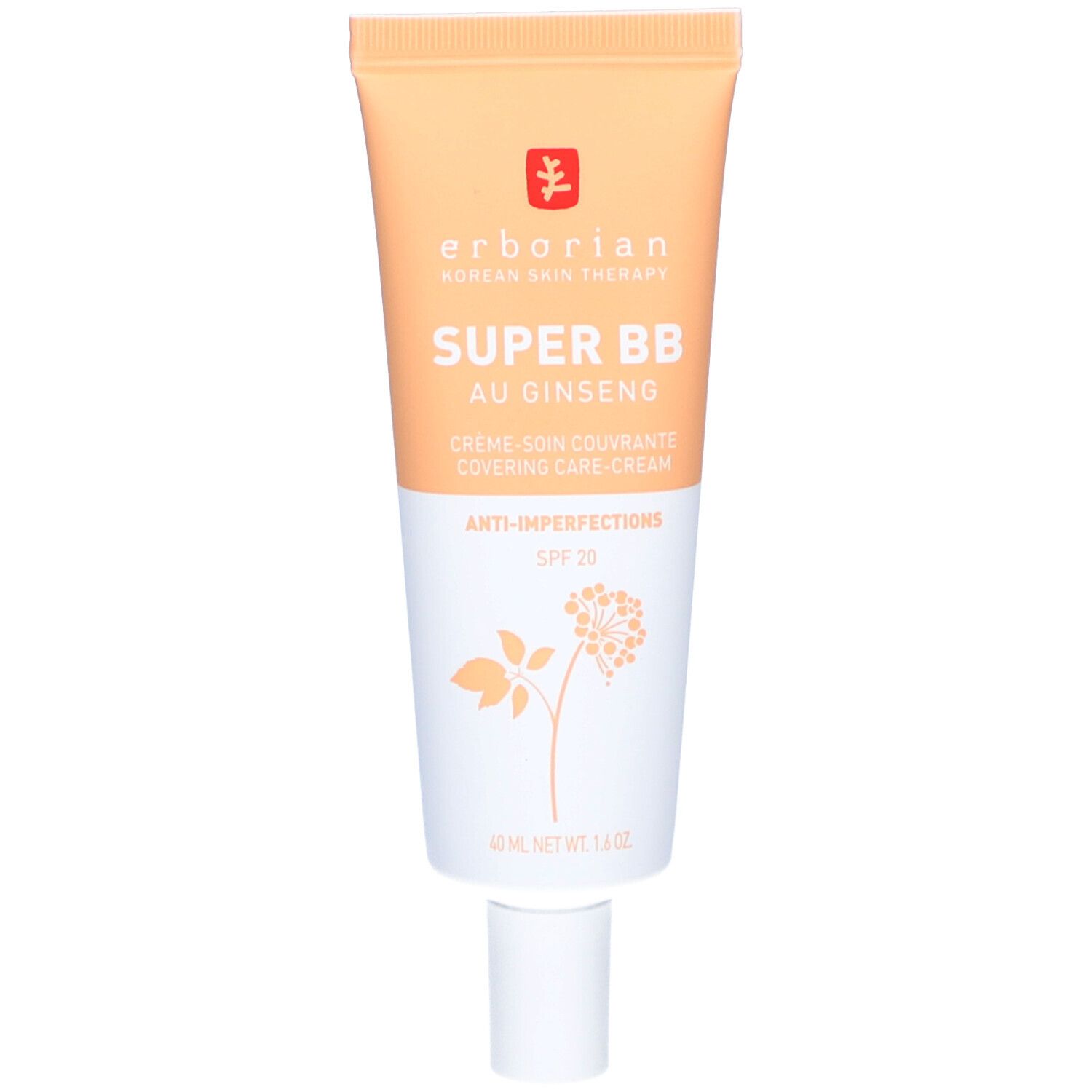 Tube de crème SUPER BB au Ginseng Erborian, teinte Doré. Avec SPF 20. Bouchon blanc. Palette de couleurs orange et blanc.