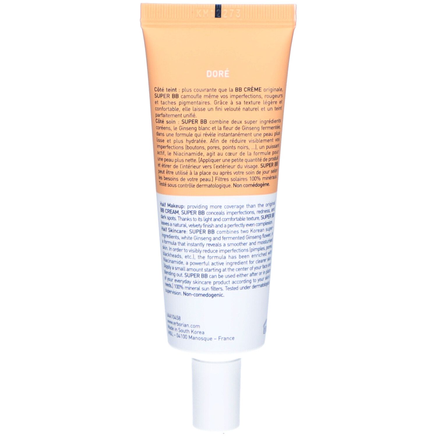 Dos du tube de crème SUPER BB. Texte en français et en anglais. Teinte Doré. Bouchon blanc. Palette de couleurs orange et blanc.