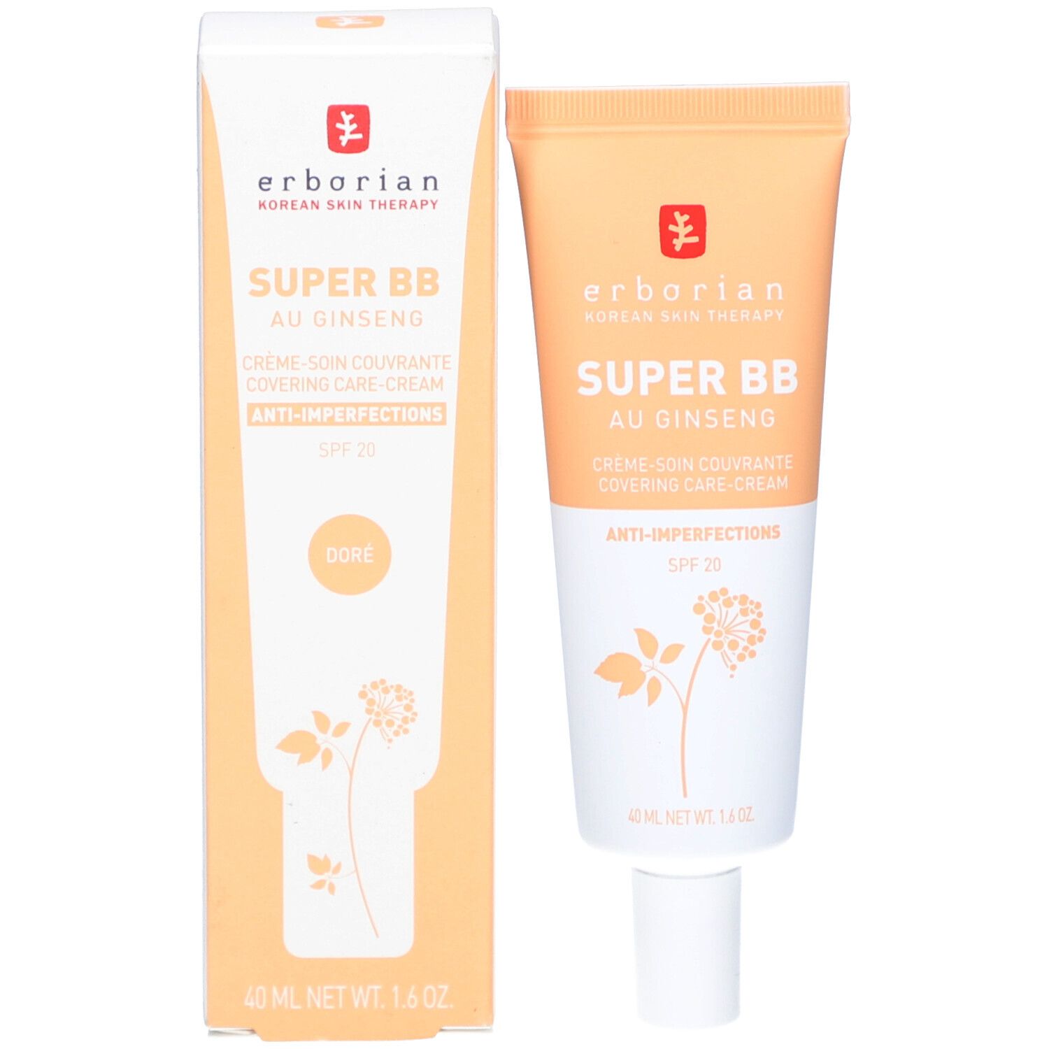 Crème SUPER BB au Ginseng et emballage Erborian. Teinte Doré. Avec SPF 20. Palette de couleurs orange et blanc.