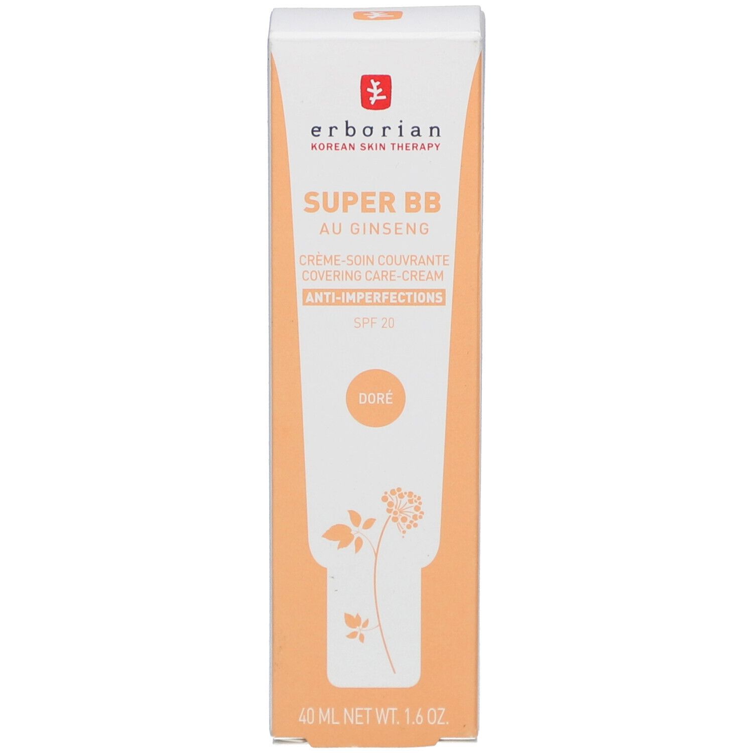 Emballage de la crème SUPER BB au Ginseng Erborian. Teinte Doré. Avec SPF 20. Palette de couleurs orange et blanc.