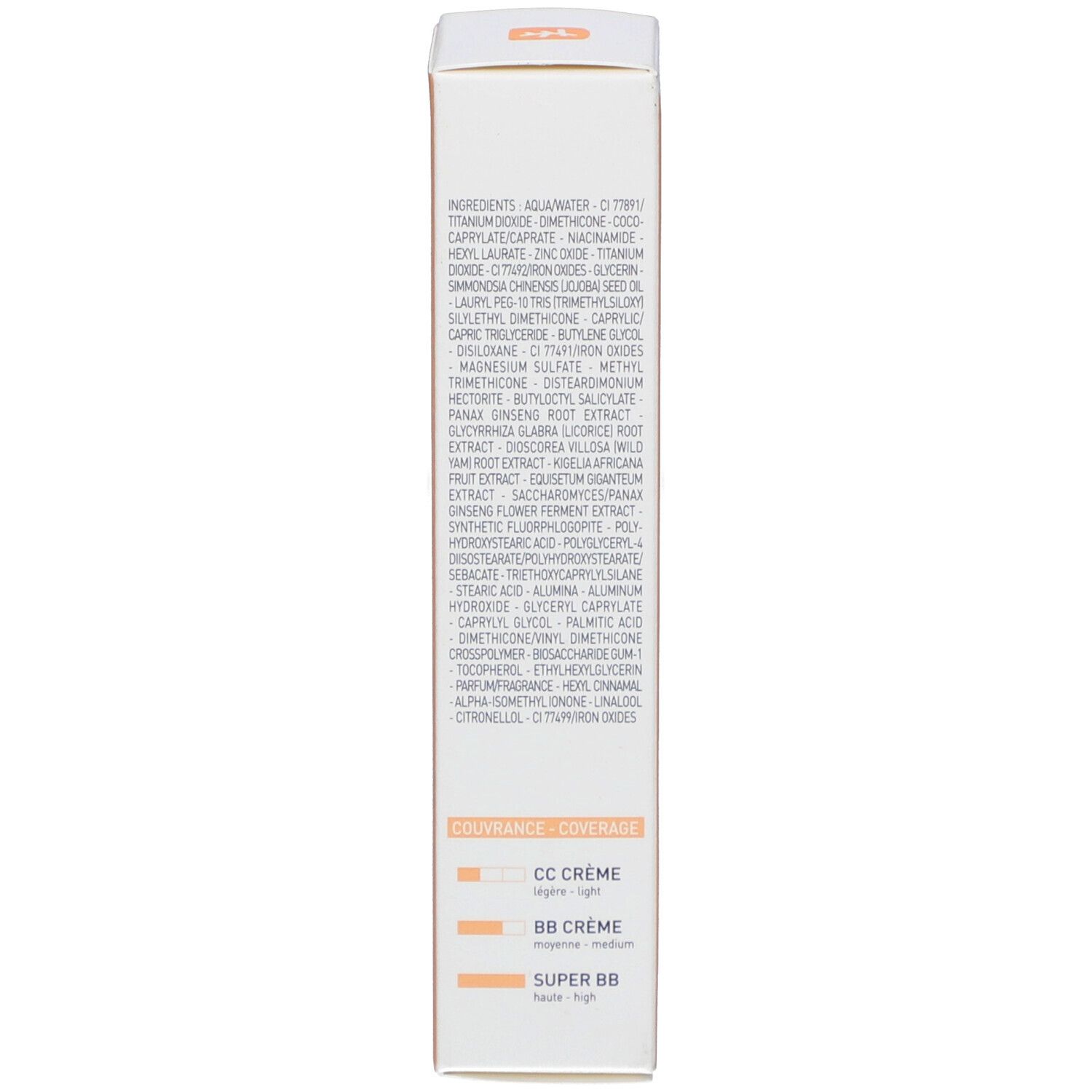 Dos de l'emballage de la crème SUPER BB. Ingrédients et informations. Teinte Doré. Palette de couleurs orange et blanc.