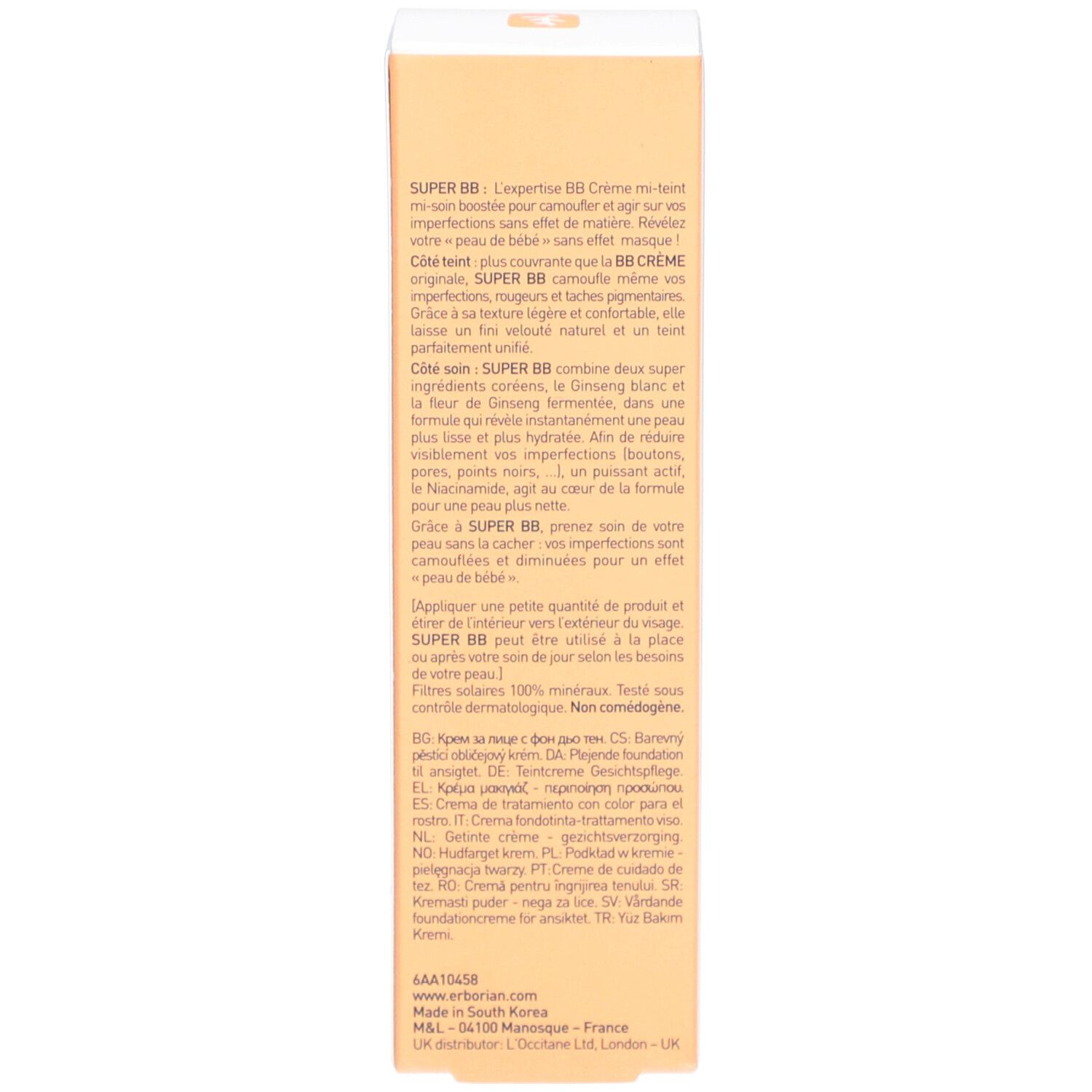 Côté de l'emballage de la crème SUPER BB. Texte en plusieurs langues. Teinte Doré. Palette de couleurs orange et blanc.