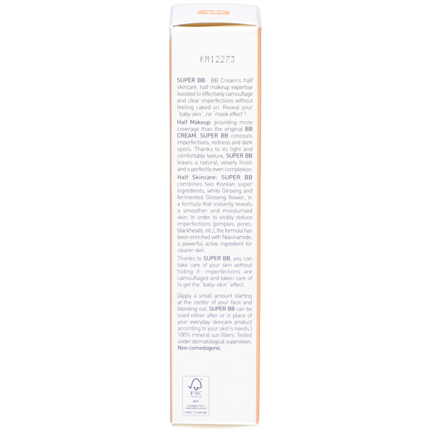 Côté de l'emballage de la crème SUPER BB. Texte en anglais. Teinte Doré. Palette de couleurs orange et blanc. Logo FSC.