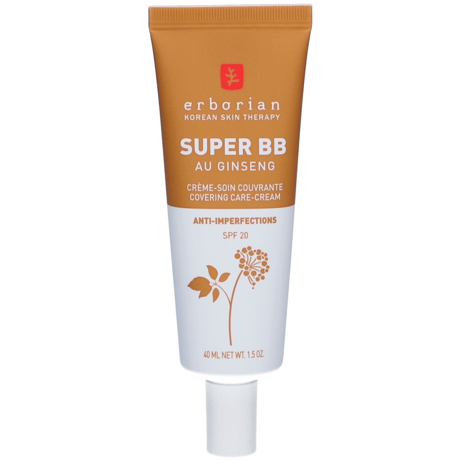 Tube de crème BB. Marque : Erborian. Inscription : SUPER BB AU GINSENG, Anti-imperfections, SPF 20. Couleur : Caramel.