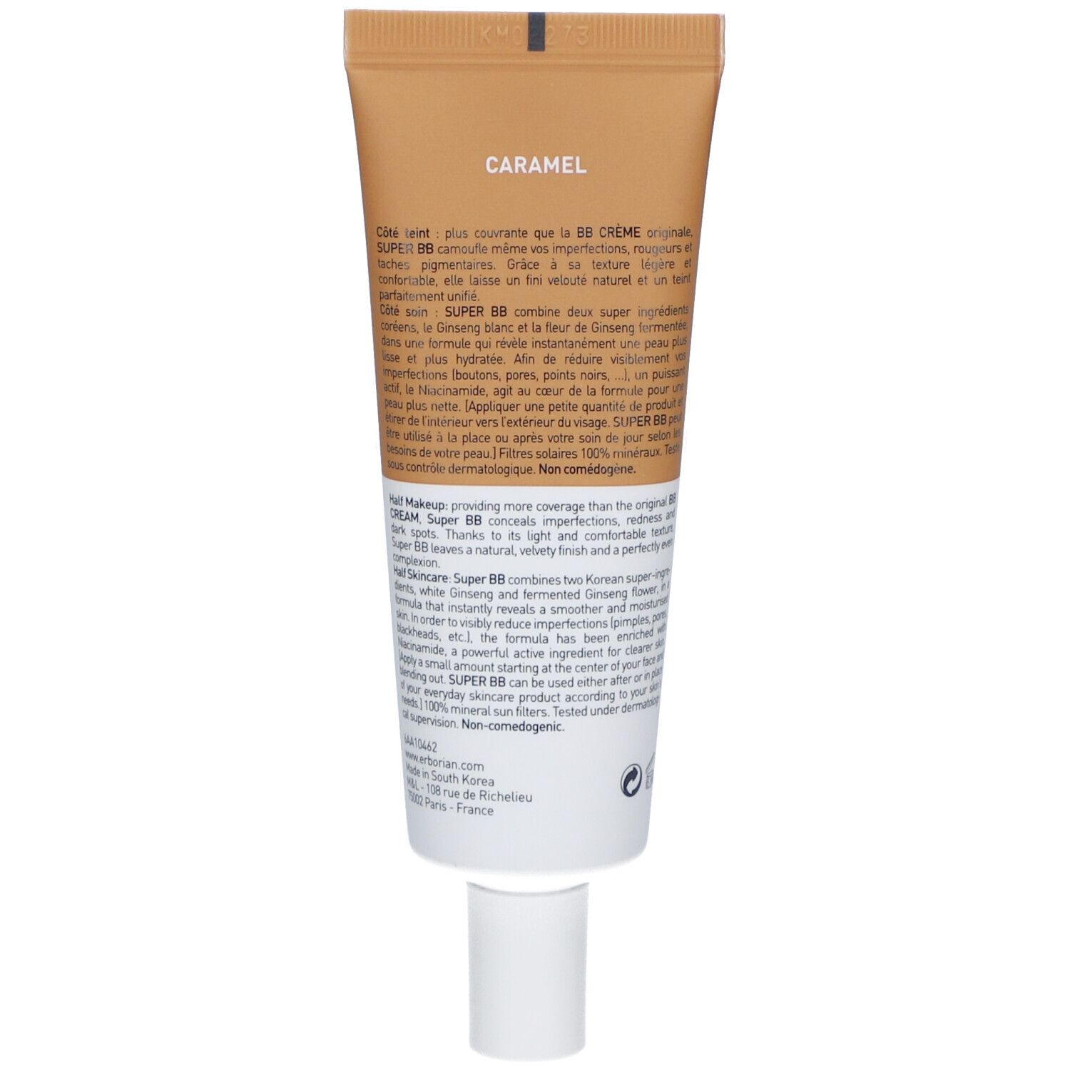 Dos du tube de crème BB. Texte multilingue. Couleur : Caramel. Marque : Erborian. Nom du produit : SUPER BB.