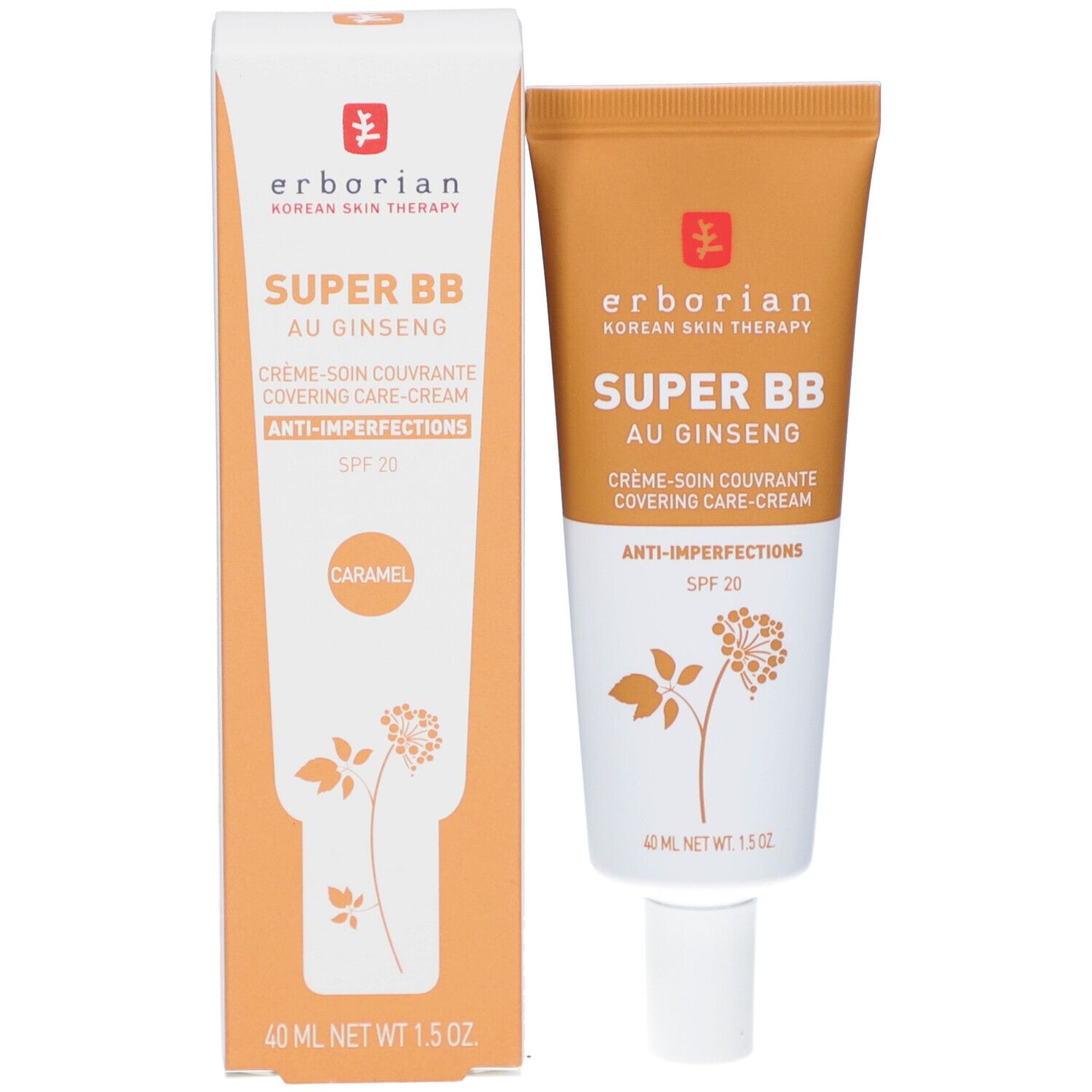 Tube et emballage de crème BB. Marque : Erborian. Inscription : SUPER BB AU GINSENG, Anti-imperfections, SPF 20. Couleur : Caramel.