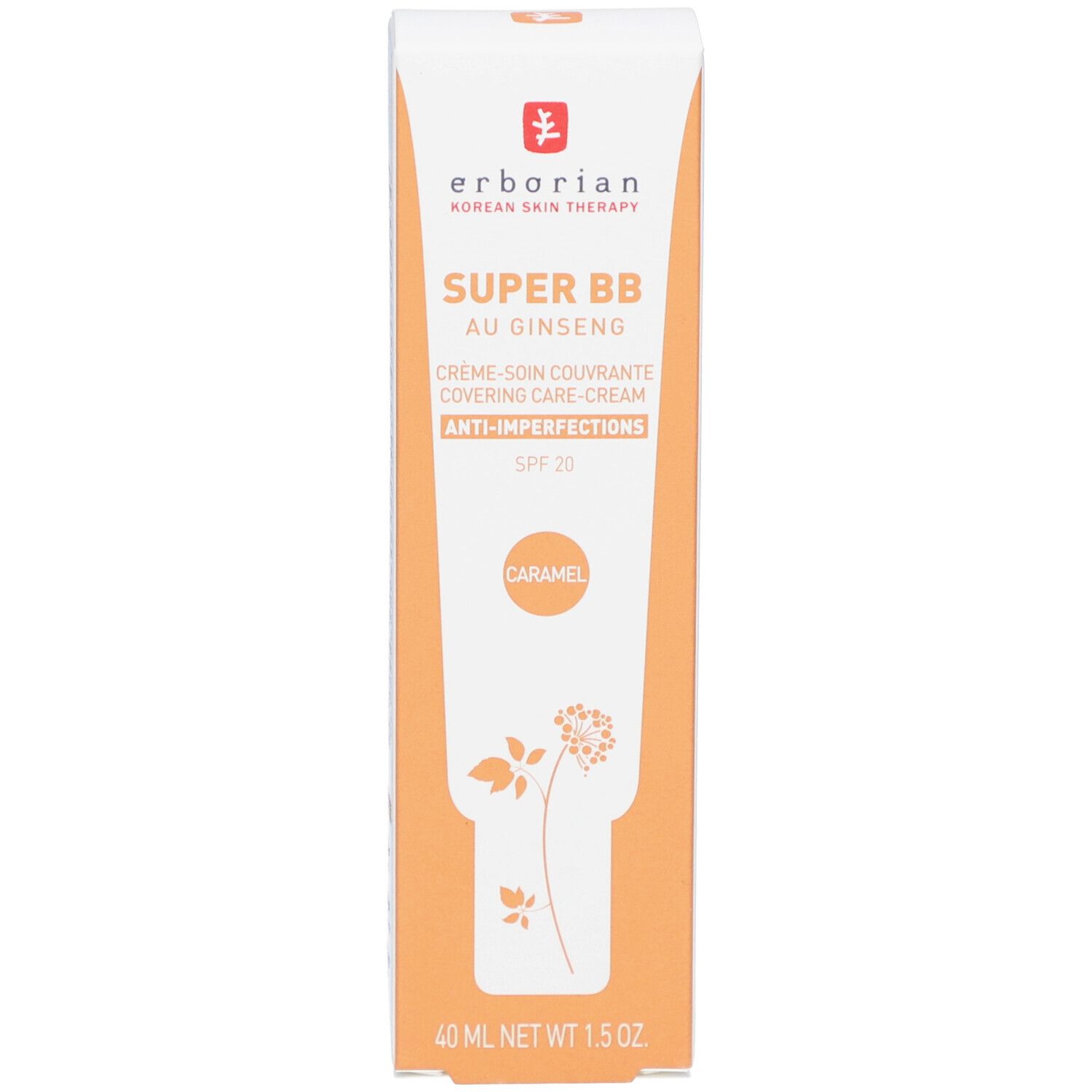 Emballage de crème BB. Marque : Erborian. Inscription : SUPER BB AU GINSENG, Anti-imperfections, SPF 20. Couleur : Caramel.
