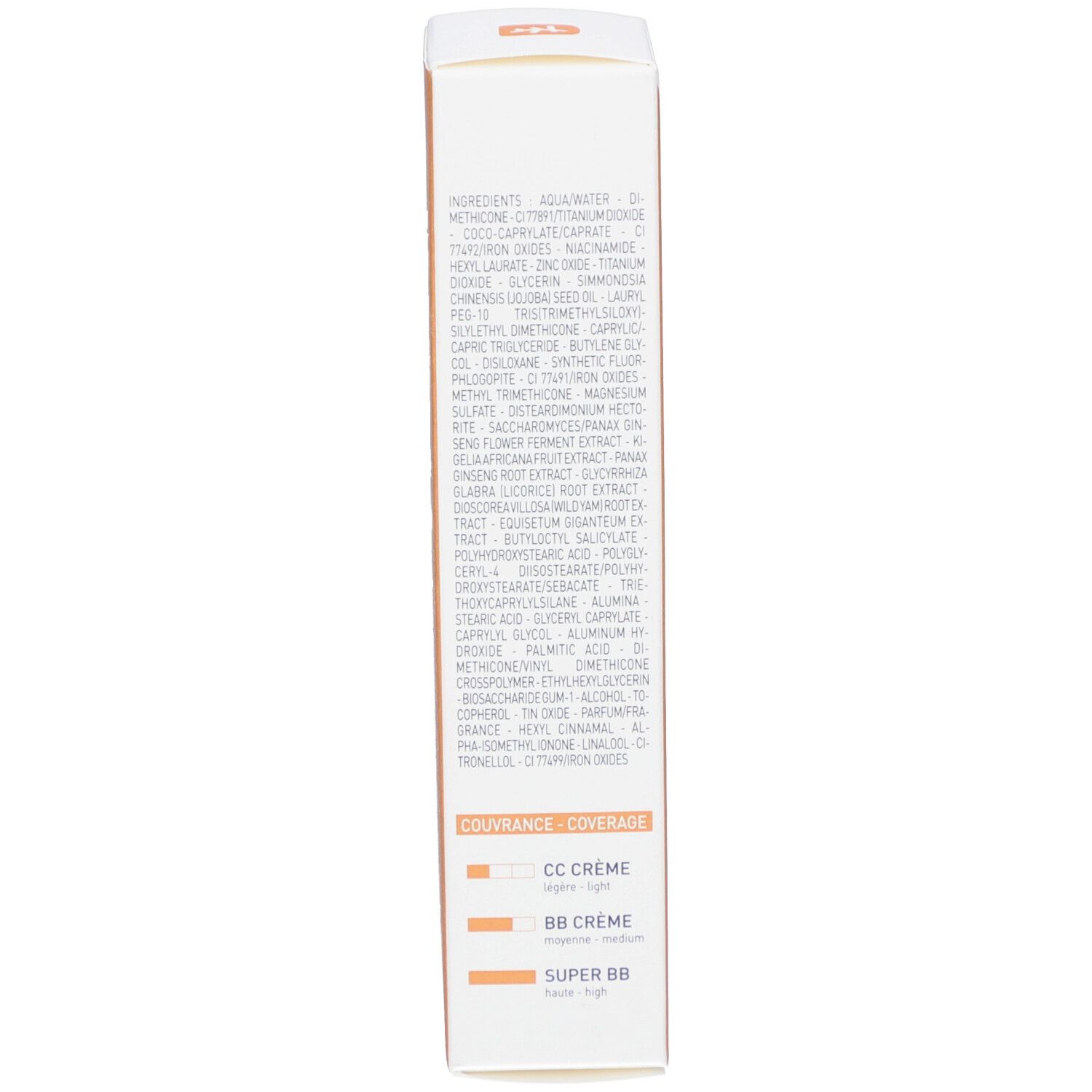 Emballage de crème BB. Ingrédients et sélection de couleurs. Marque : Erborian. Nom du produit : SUPER BB. Couleur : Caramel.