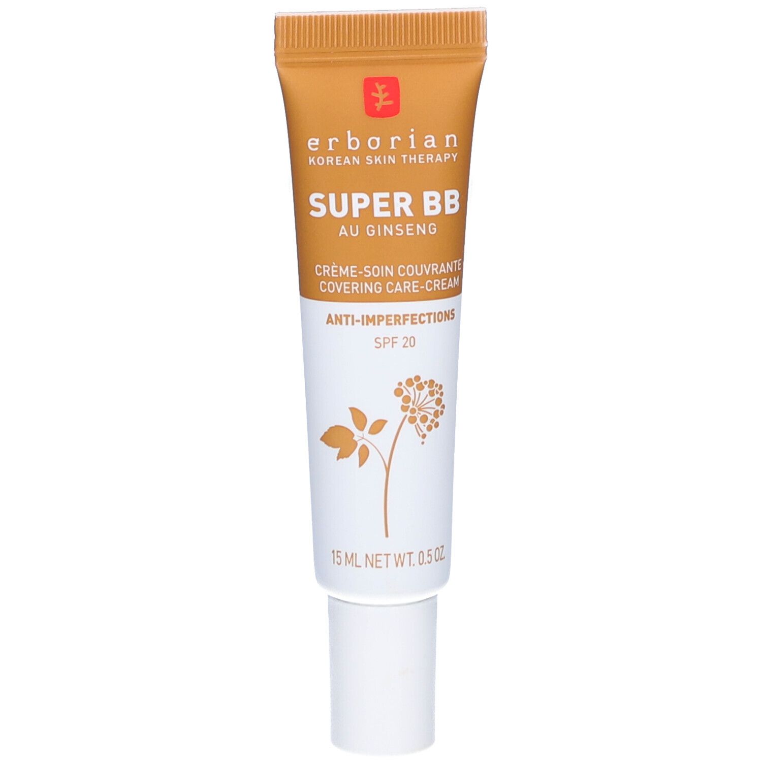 Tube de crème BB Erborian. Inscription: SUPER BB au Ginseng, crème-soin couvrante, Anti-imperfections, SPF 20. Contenance: 15 ml.
