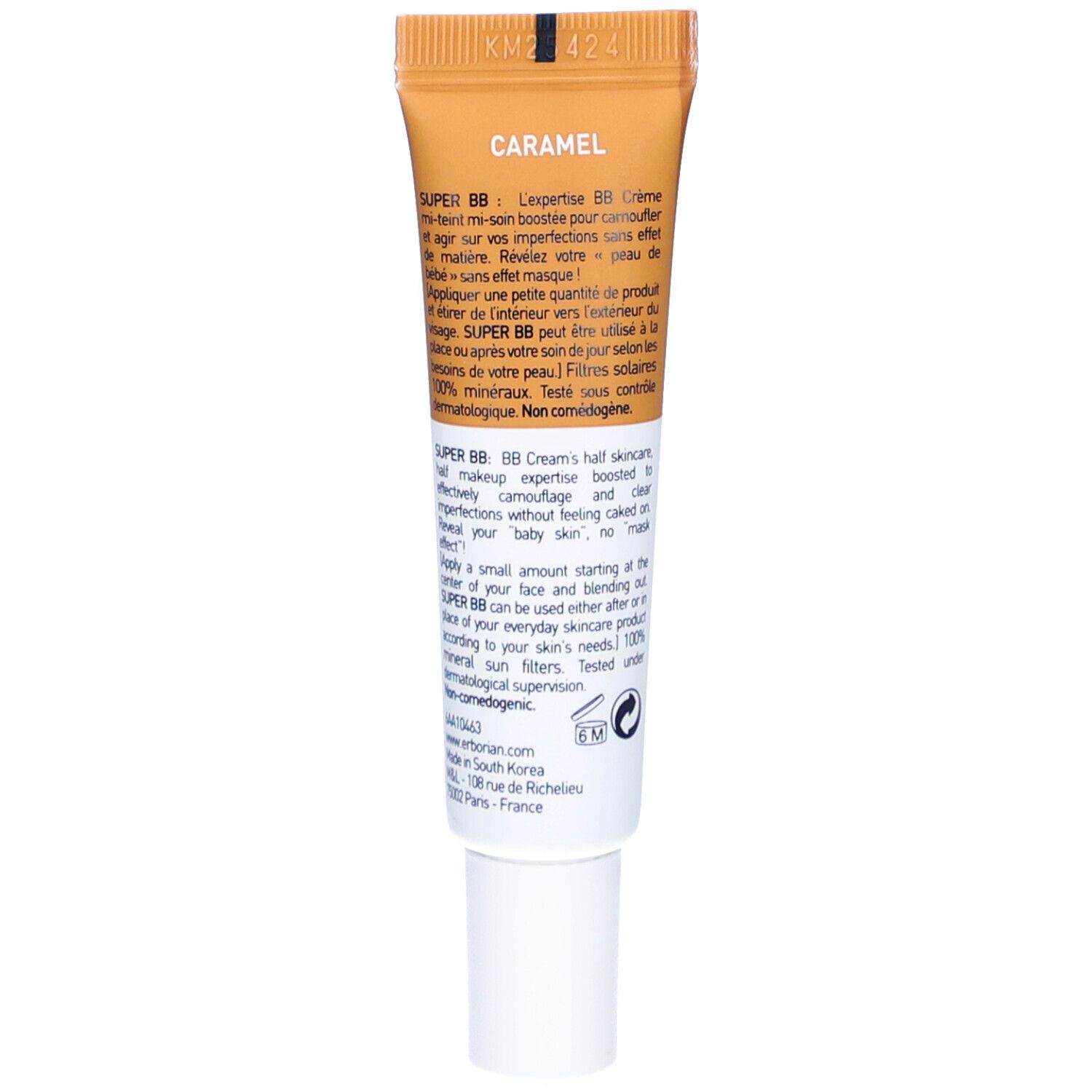 Dos d'un tube de crème BB. Texte: Caramel, description du produit, ingrédients, informations fabricant. Marque: Erborian.