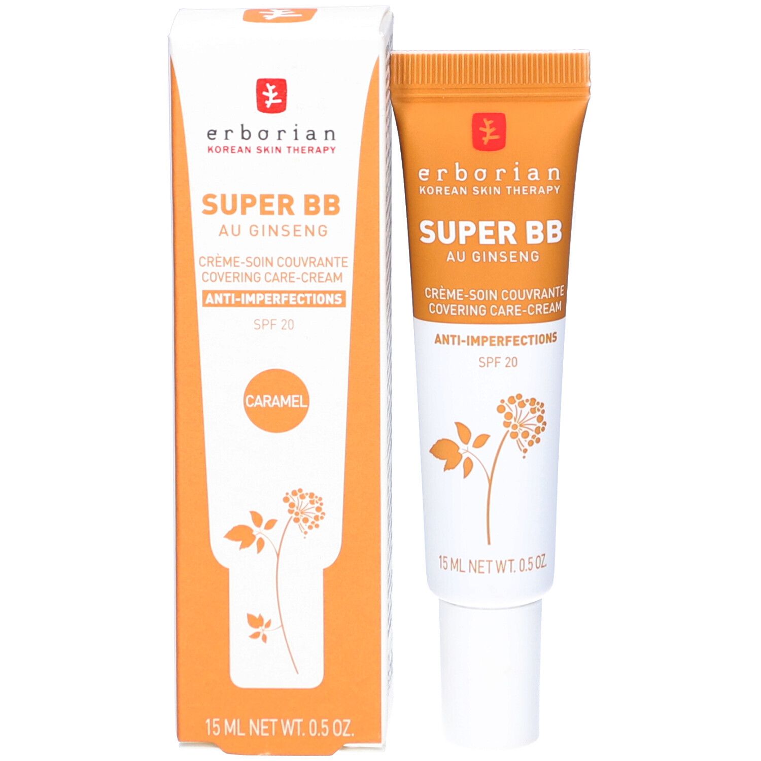 Emballage produit avec tube de crème BB. Emballage: blanc et orange. Inscription: SUPER BB au Ginseng, crème-soin couvrante, Anti-imperfections, SPF 20.