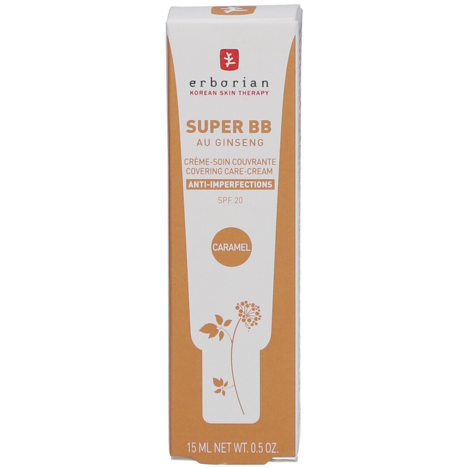 Emballage produit. Blanc et orange. Inscription: SUPER BB au Ginseng, crème-soin couvrante, Anti-imperfections, SPF 20. Marque: Erborian.