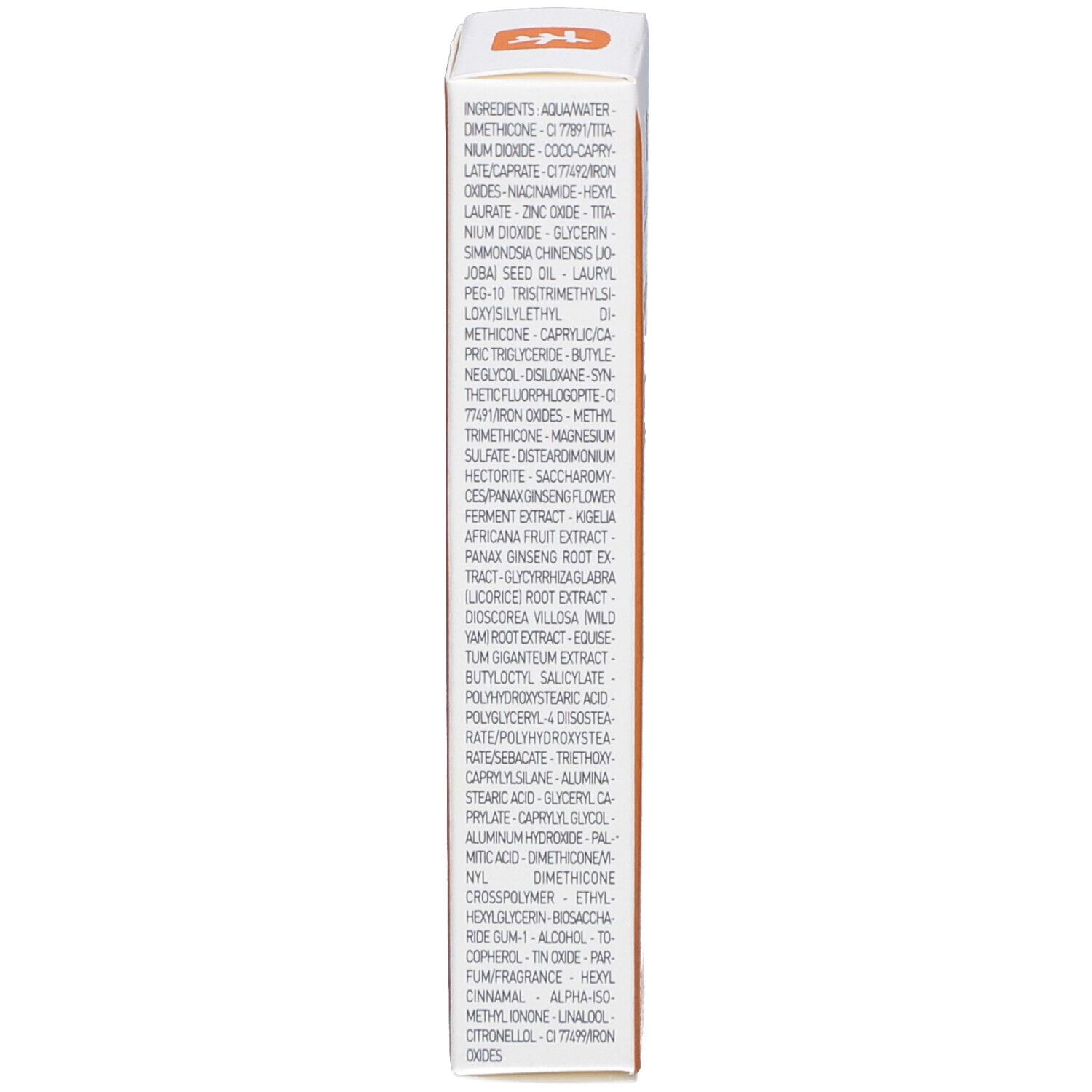 Emballage produit. Côté avec ingrédients. Marque: Erborian. Texte: ingrédients, liste de composés chimiques. Fond: orange.