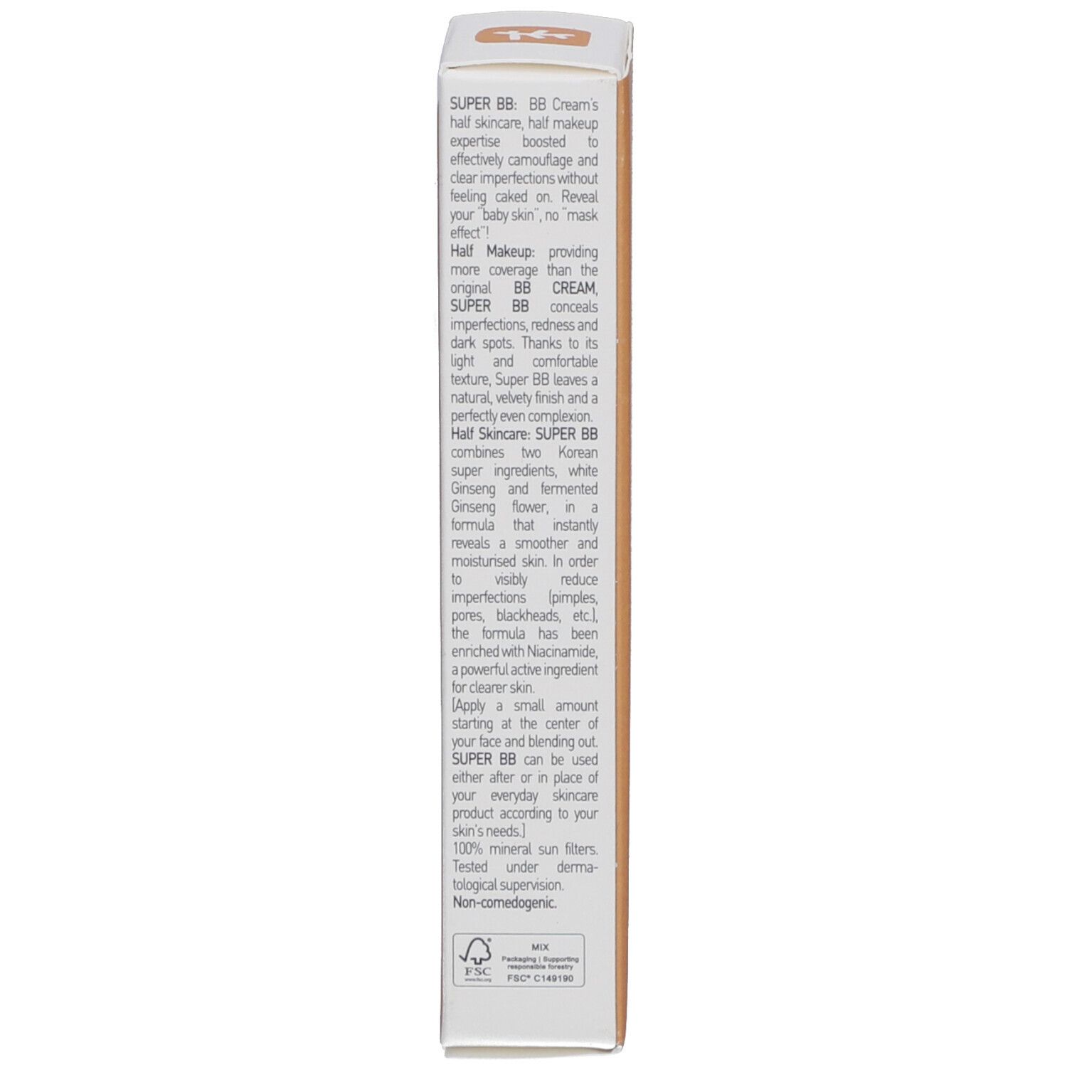 Emballage produit. Côté avec description du produit. Marque: Erborian. Texte: SUPER BB Cream, description, conseils d'utilisation, ingrédients.