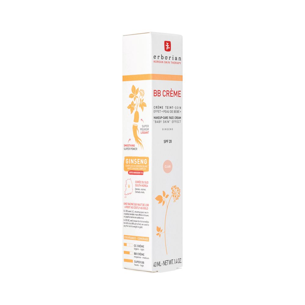Emballage BB Crème Clair avec motif ginseng et informations.