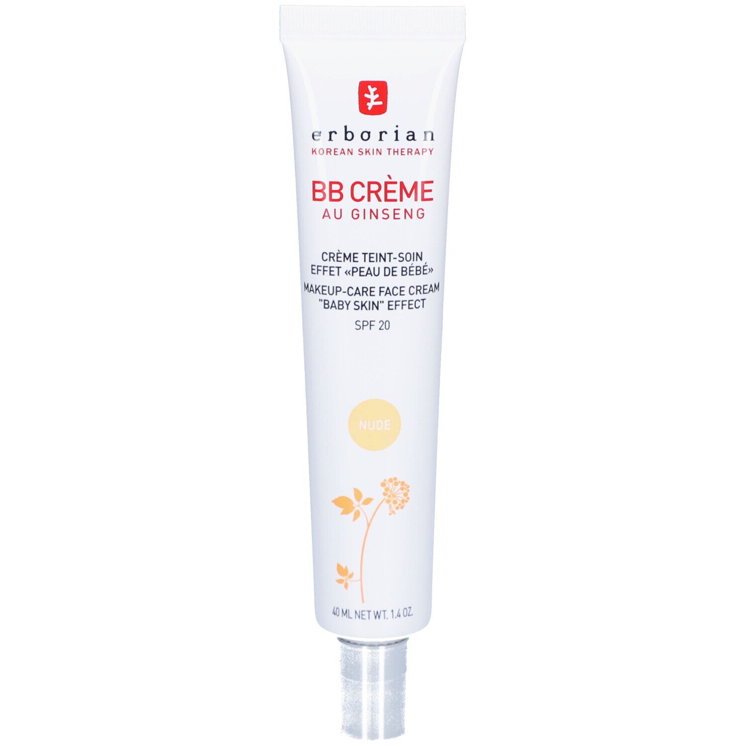 Tube de crème BB CRÈME AU GINSENG. Contient SPF 20. Couleur Nude. Marque Erborian.