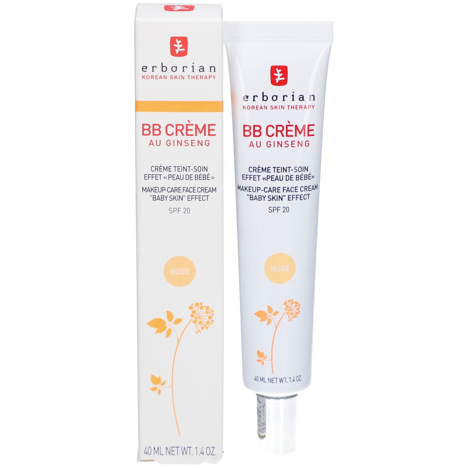 Emballage produit avec tube et boîte. BB CRÈME AU GINSENG. SPF 20. Couleur Nude. Marque Erborian.