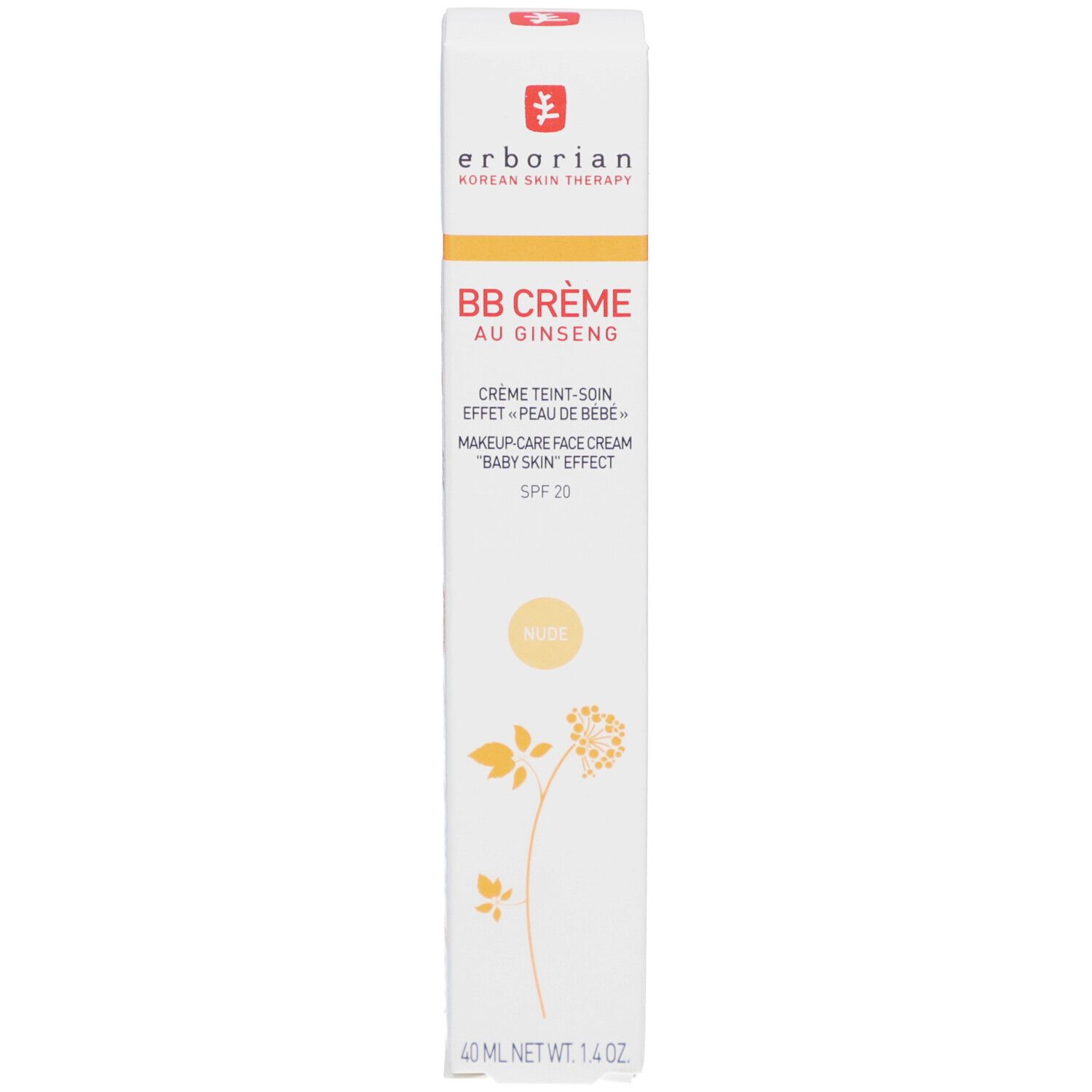 Boîte avec BB CRÈME AU GINSENG. SPF 20. Couleur Nude. Marque Erborian.