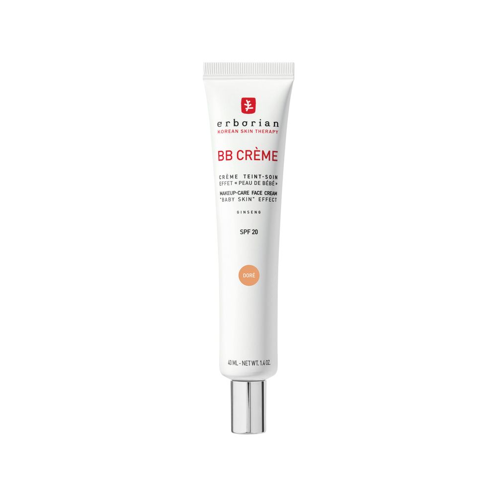 Tube blanc avec bouchon argenté, Erborian BB Crème, SPF 20, teinte Doré.
