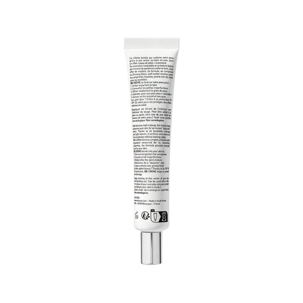 Arrière d'un tube blanc Erborian BB Crème, informations détaillées sur le produit et symboles.