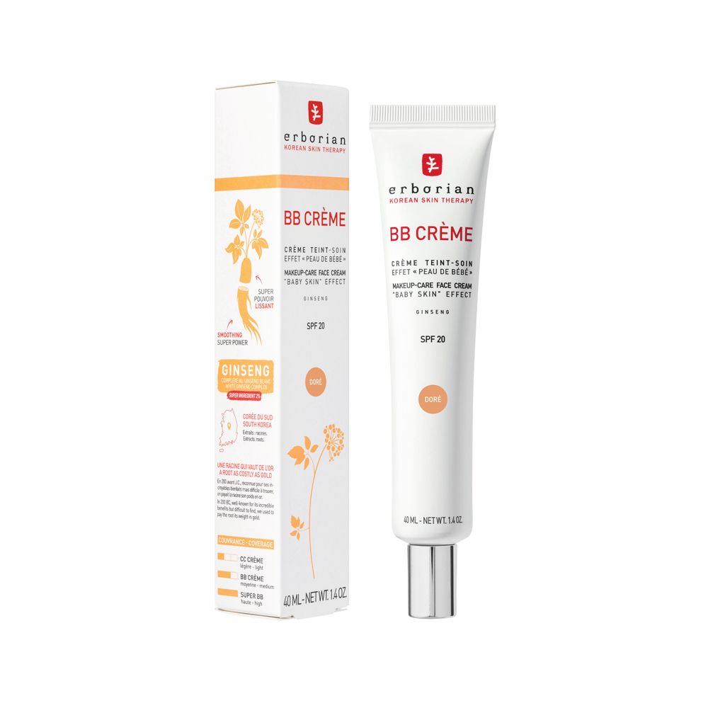 Tube et emballage Erborian BB Crème Doré, avec motif ginseng et indication SPF 20.