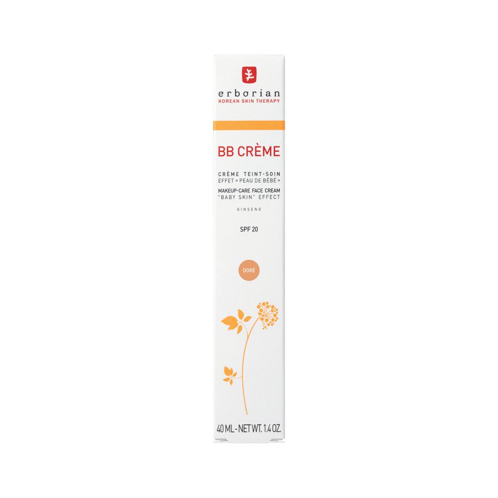Emballage Erborian BB Crème Doré avec motif floral et indication SPF 20.