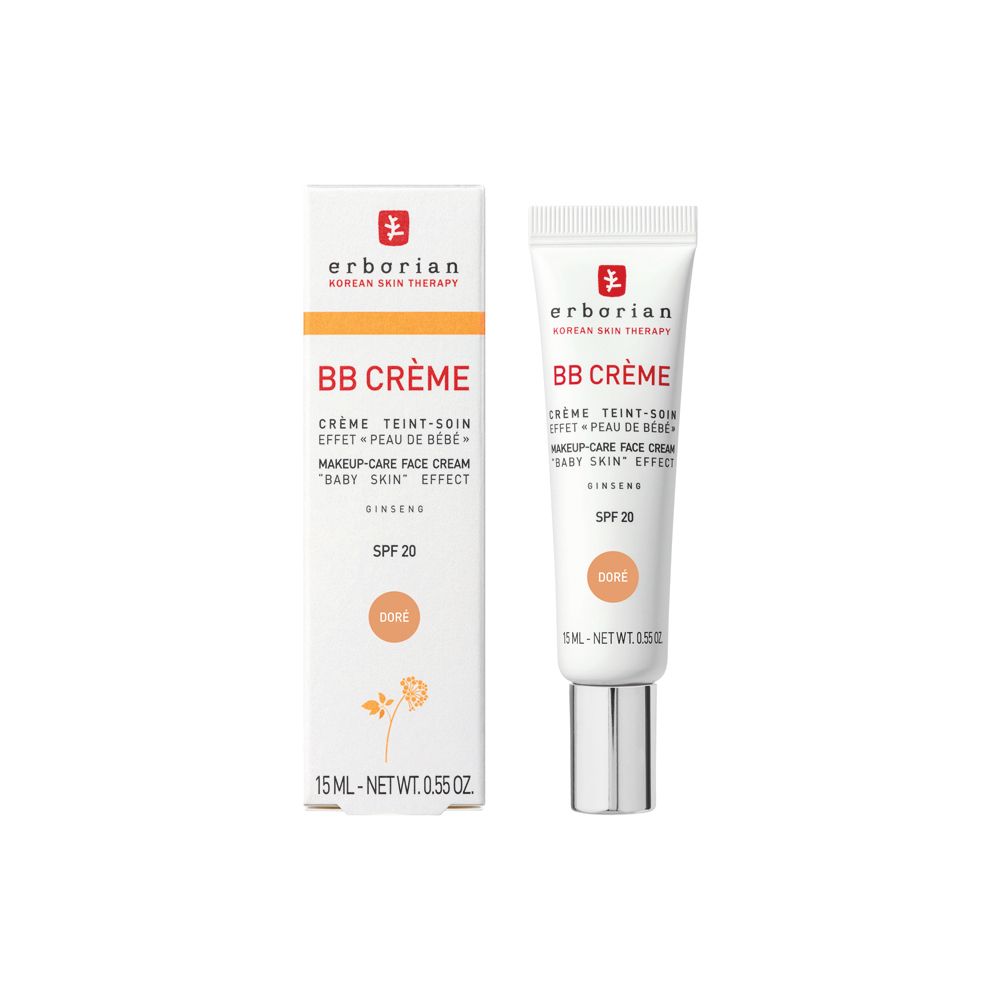 Tube et emballage Erborian BB Crème Doré SPF 20, vue de face.