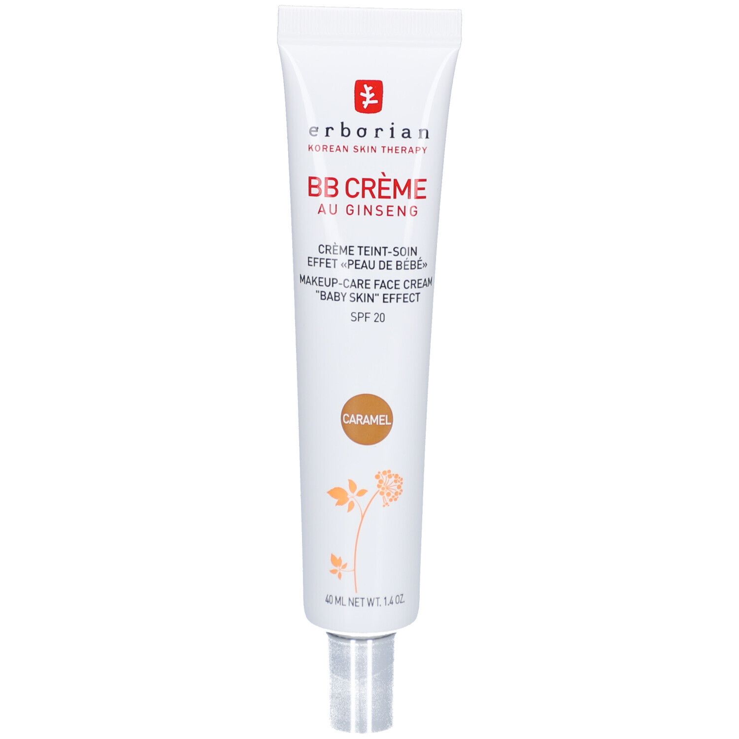 Tube blanc et beige BB Crème Caramel. Marque : Erborian. Texte : BB Crème au Ginseng, SPF 20. Marque de couleur marron.
