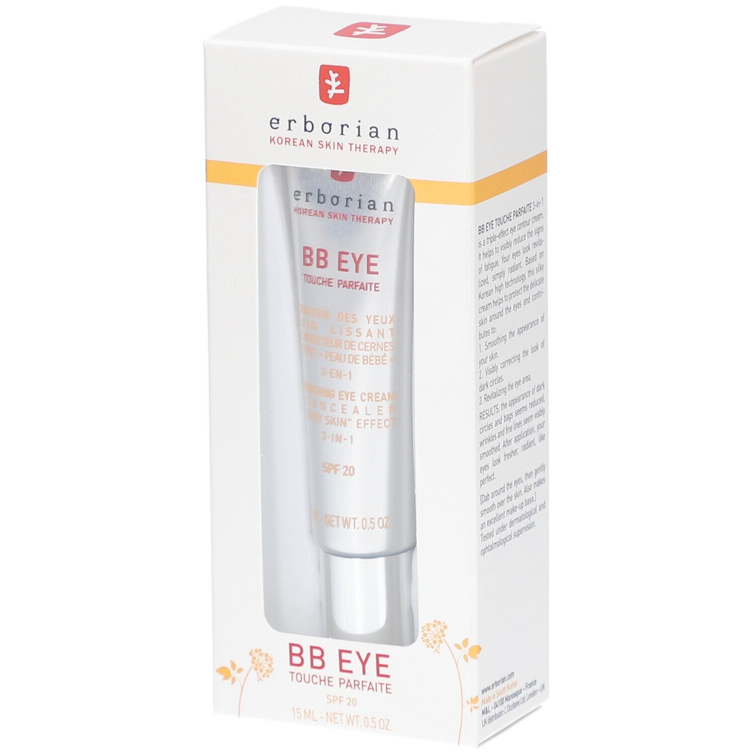 Erborian BB Eye Touche Parfaite en boîte. Tube dans un emballage blanc. Texte: BB EYE, SPF 20.