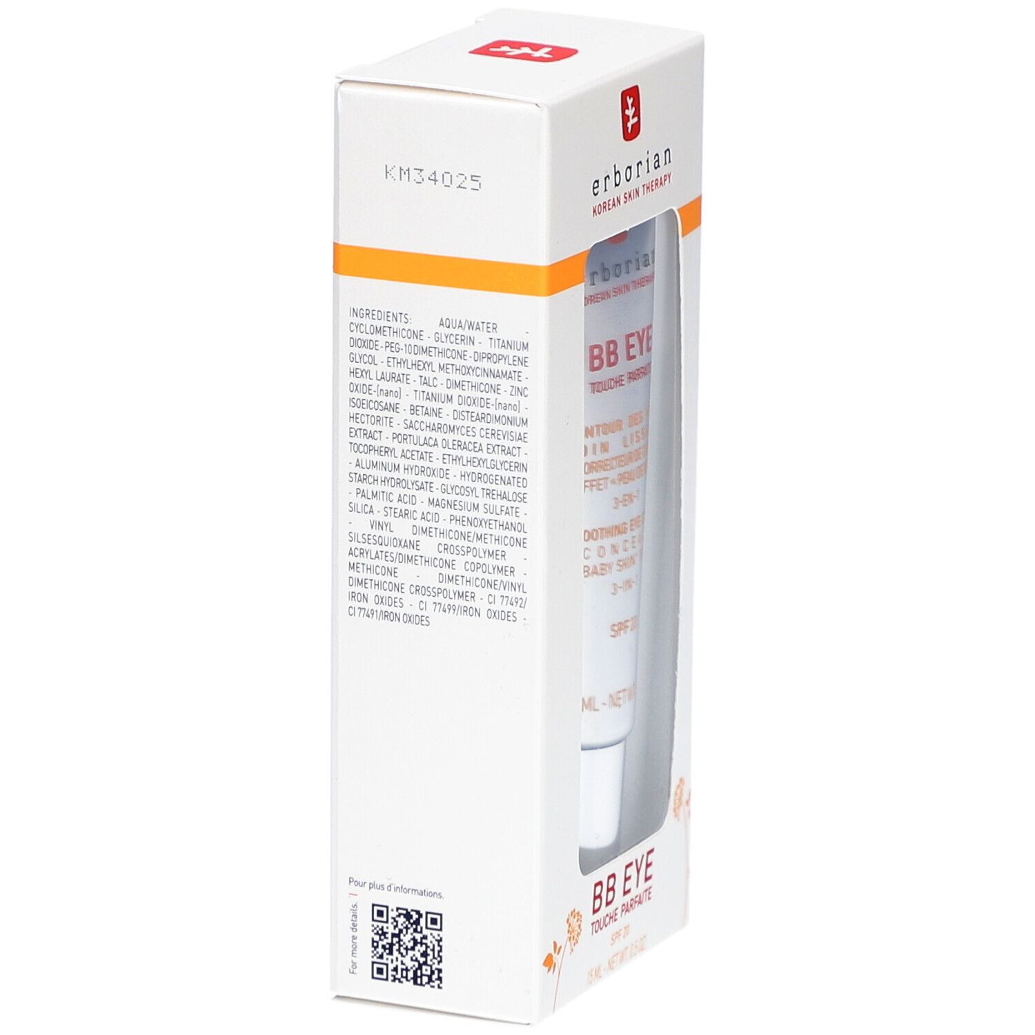 Dos de l'emballage Erborian BB Eye. Texte: Ingrédients, code QR. Boîte blanche avec bande jaune.