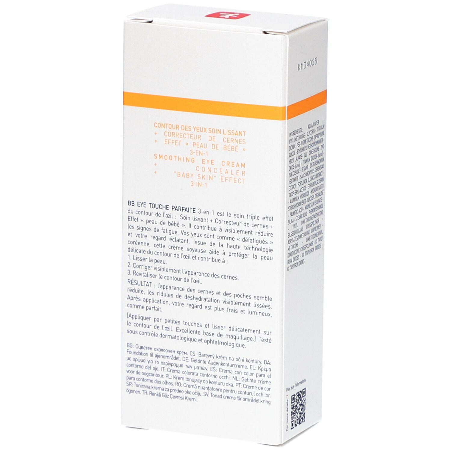 Côté de l'emballage Erborian BB Eye. Texte: BB EYE Touche Parfaite, 3-en-1, Smoothing Eye Cream.
