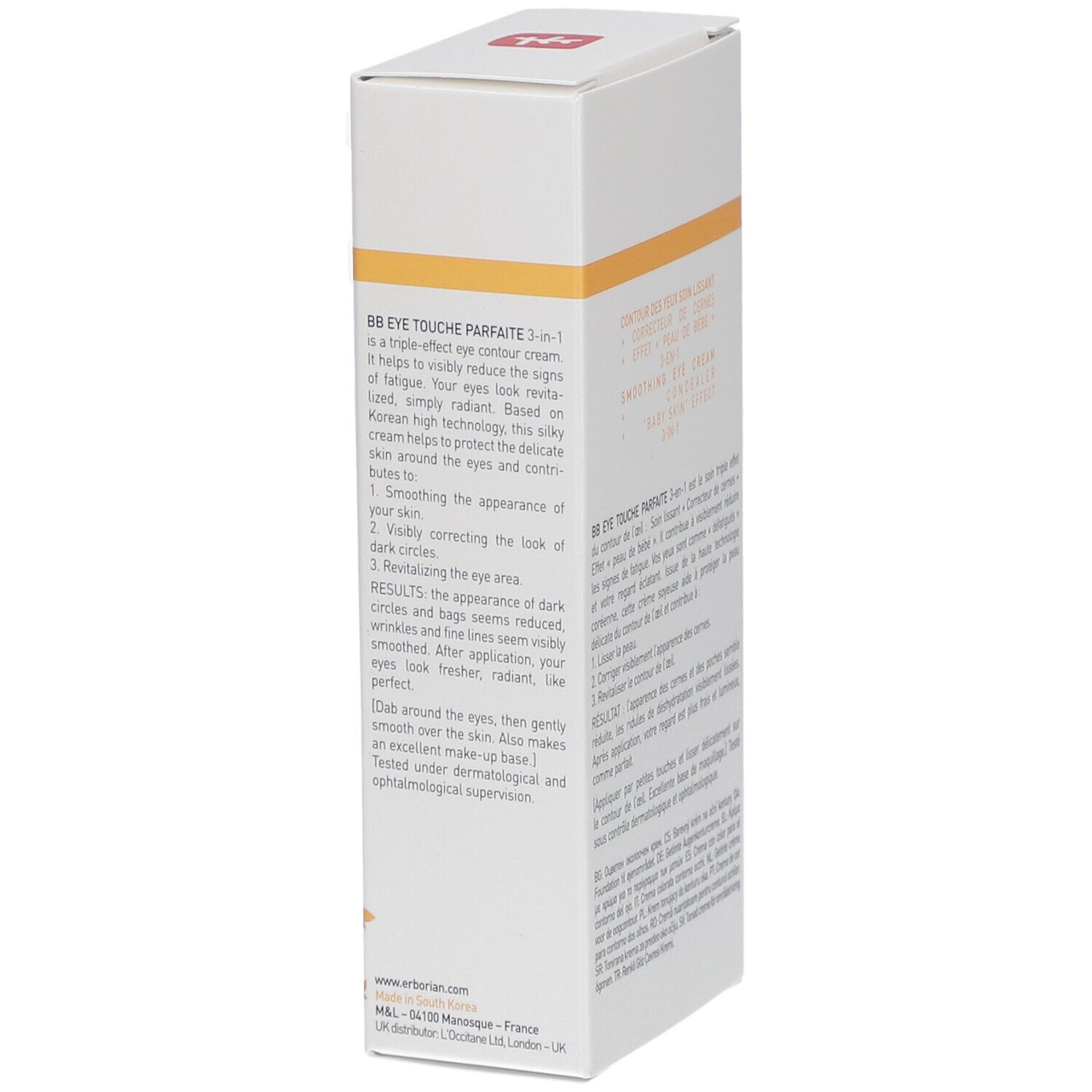 Côté de l'emballage Erborian BB Eye. Texte: BB EYE Touche Parfaite, 3-en-1, Smoothing Eye Cream.