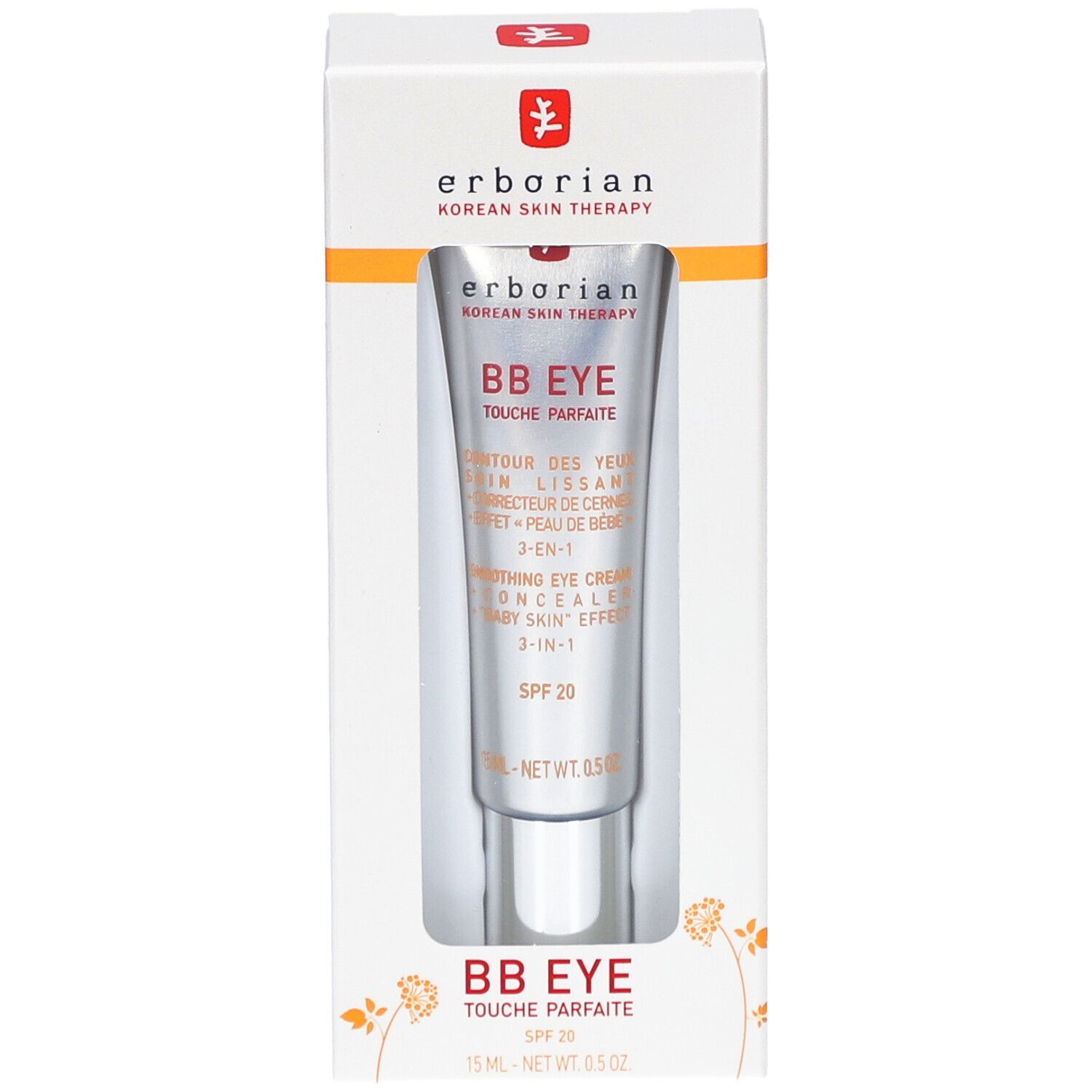 Erborian BB Eye Touche Parfaite en boîte. Tube dans un emballage blanc. Texte: BB EYE, SPF 20.