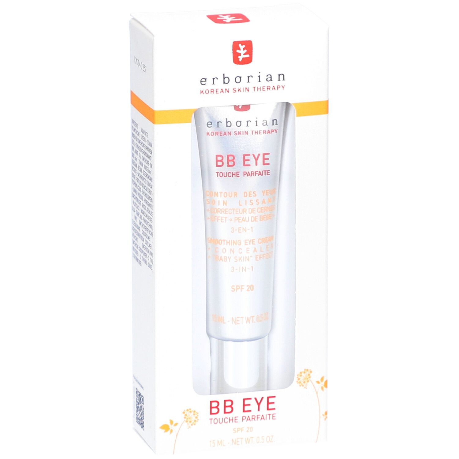 Erborian BB Eye Touche Parfaite en boîte. Tube dans un emballage blanc. Texte: BB EYE, SPF 20.