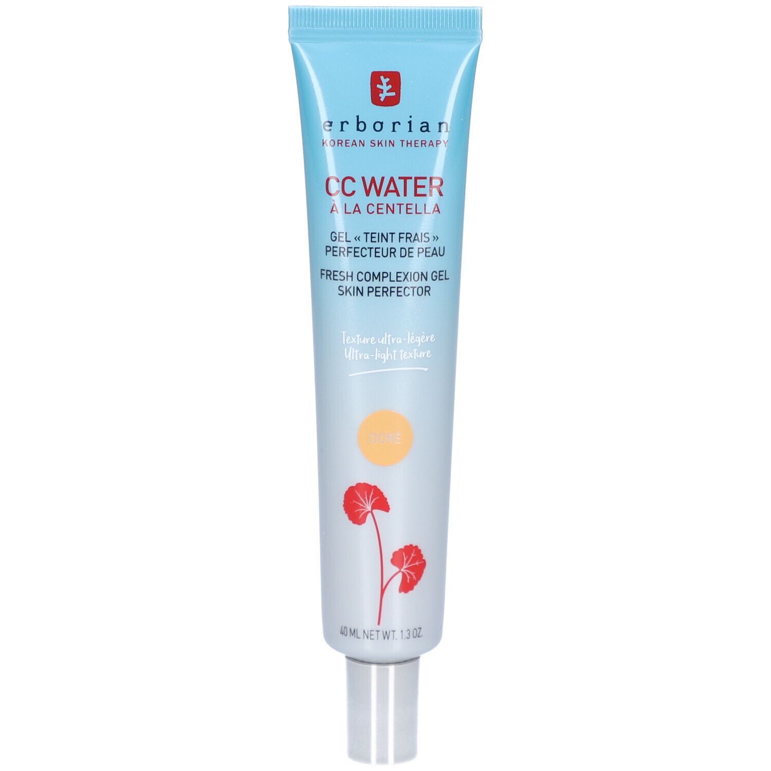 Tube bleu clair Erborian CC Water à la Centella. Gel teint frais. 40 ml. Ingrédients et logo.