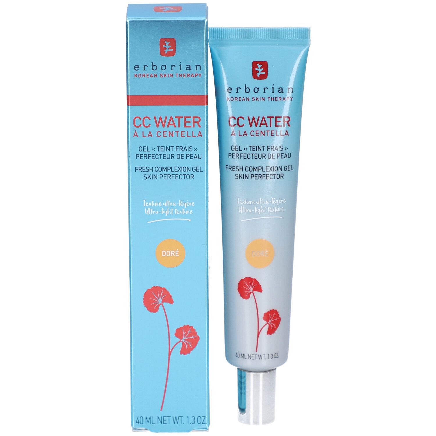 Emballage produit : tube et boîte. Erborian CC Water à la Centella. Gel teint frais. 40 ml.
