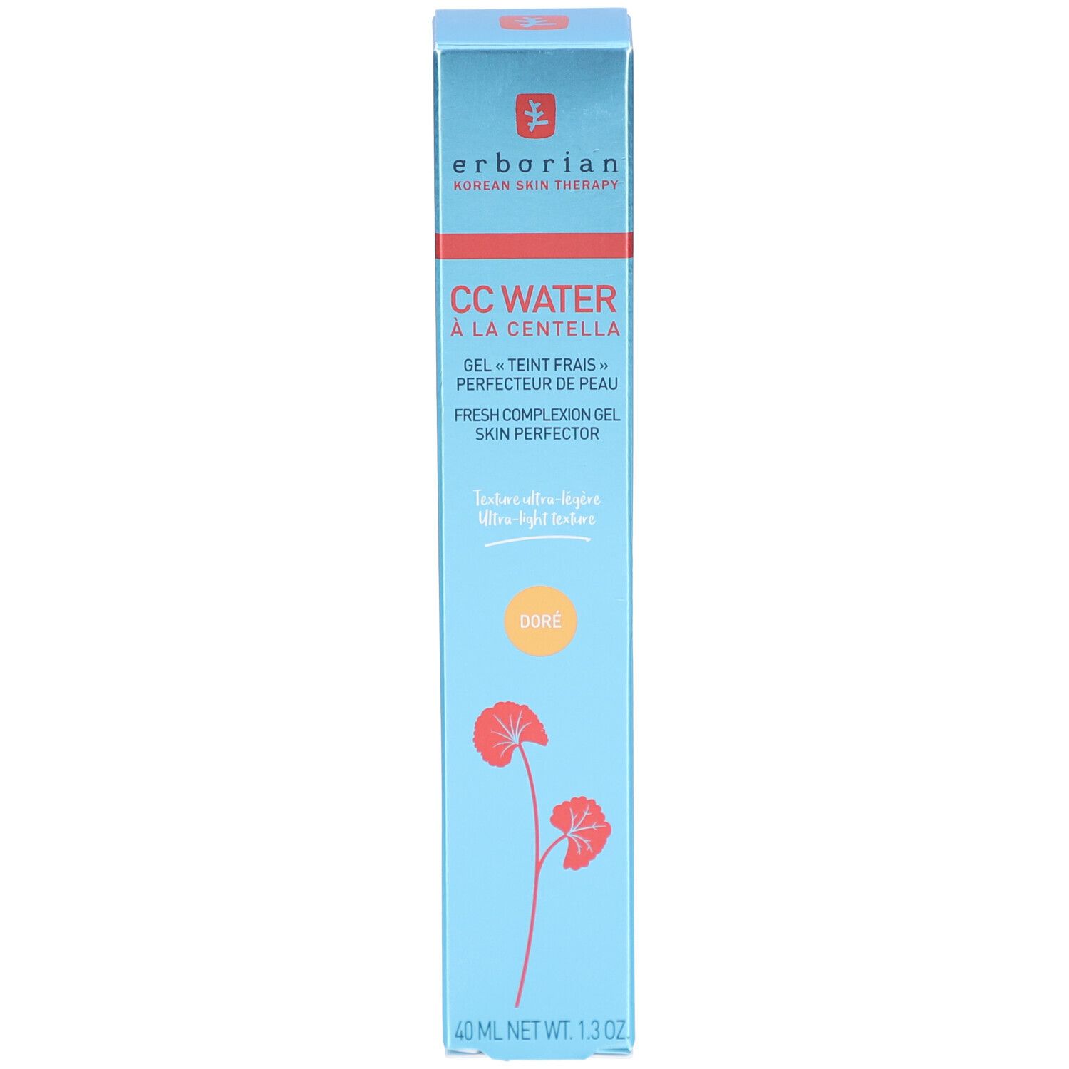 Emballage produit : boîte. Erborian CC Water à la Centella. Gel teint frais. 40 ml. Doré.