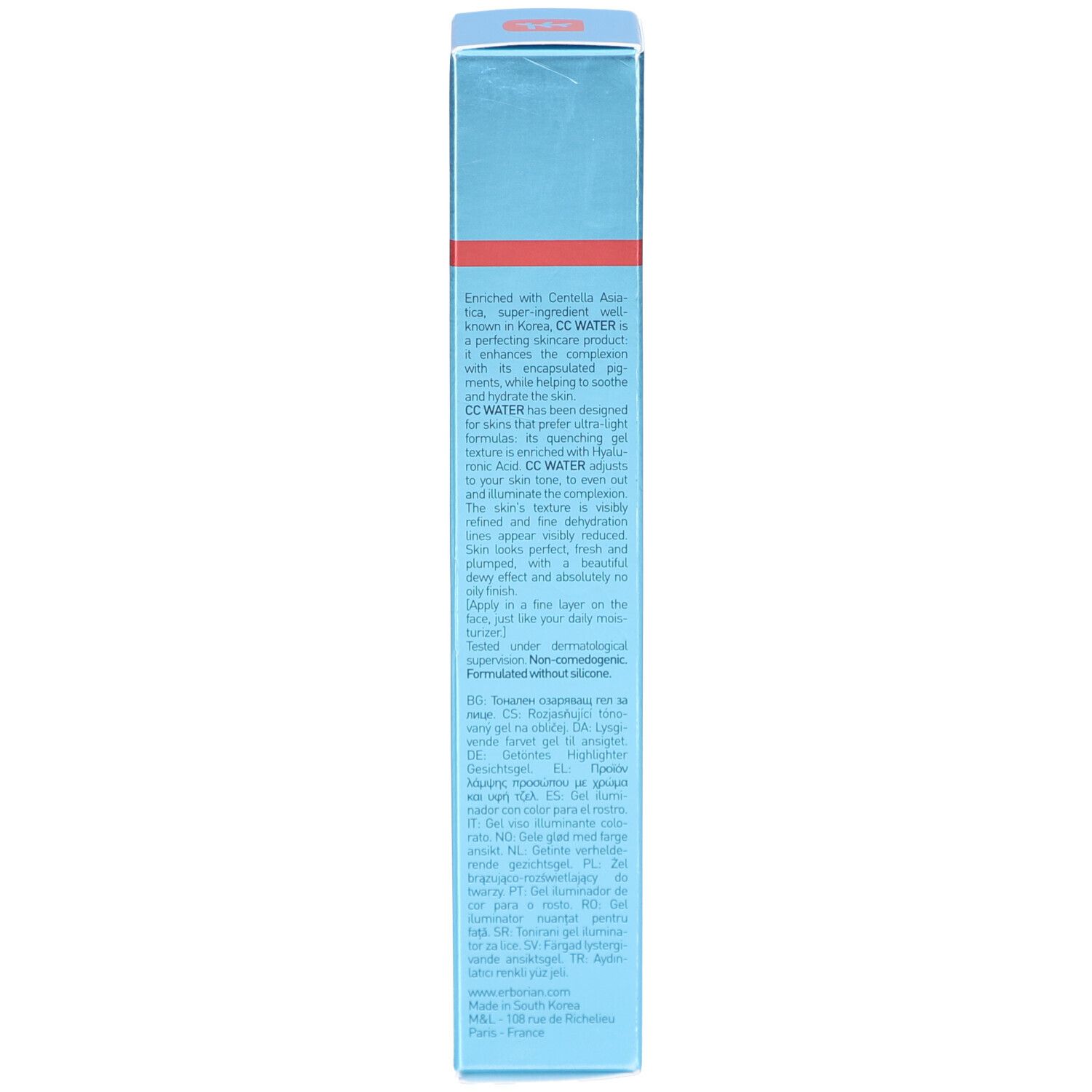 Côté de la boîte. Texte multilingue. Description du produit et informations fabricant.