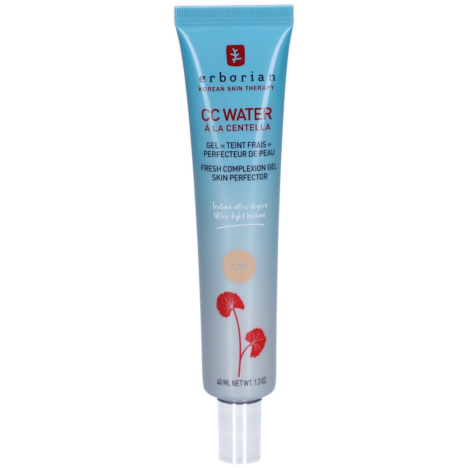 Tube clair Erborian CC Water à la Centella. Gel-Teint frais. Skin Perfector. Bouchon bleu clair. 40 ml.