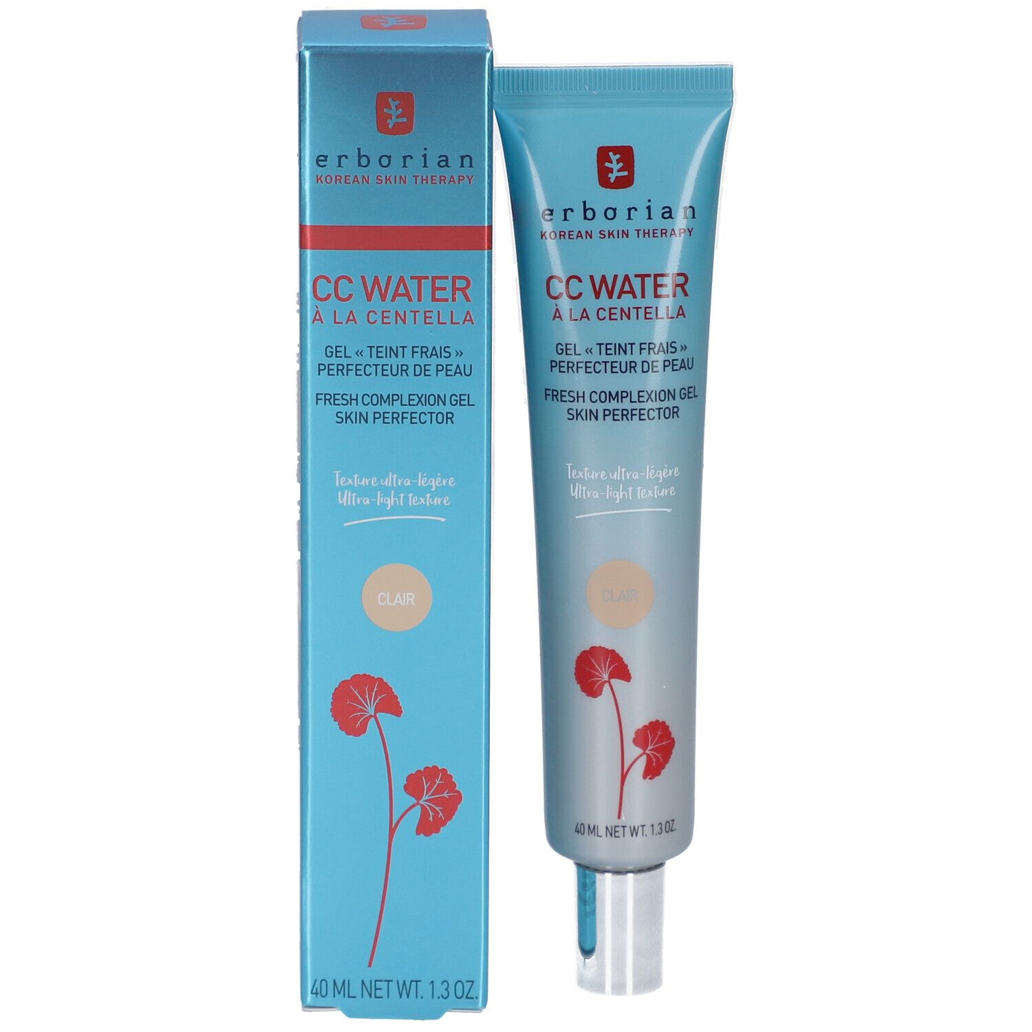 Emballage du produit. Erborian CC Water à la Centella. Tube et boîte. 40 ml. Skin Perfector.