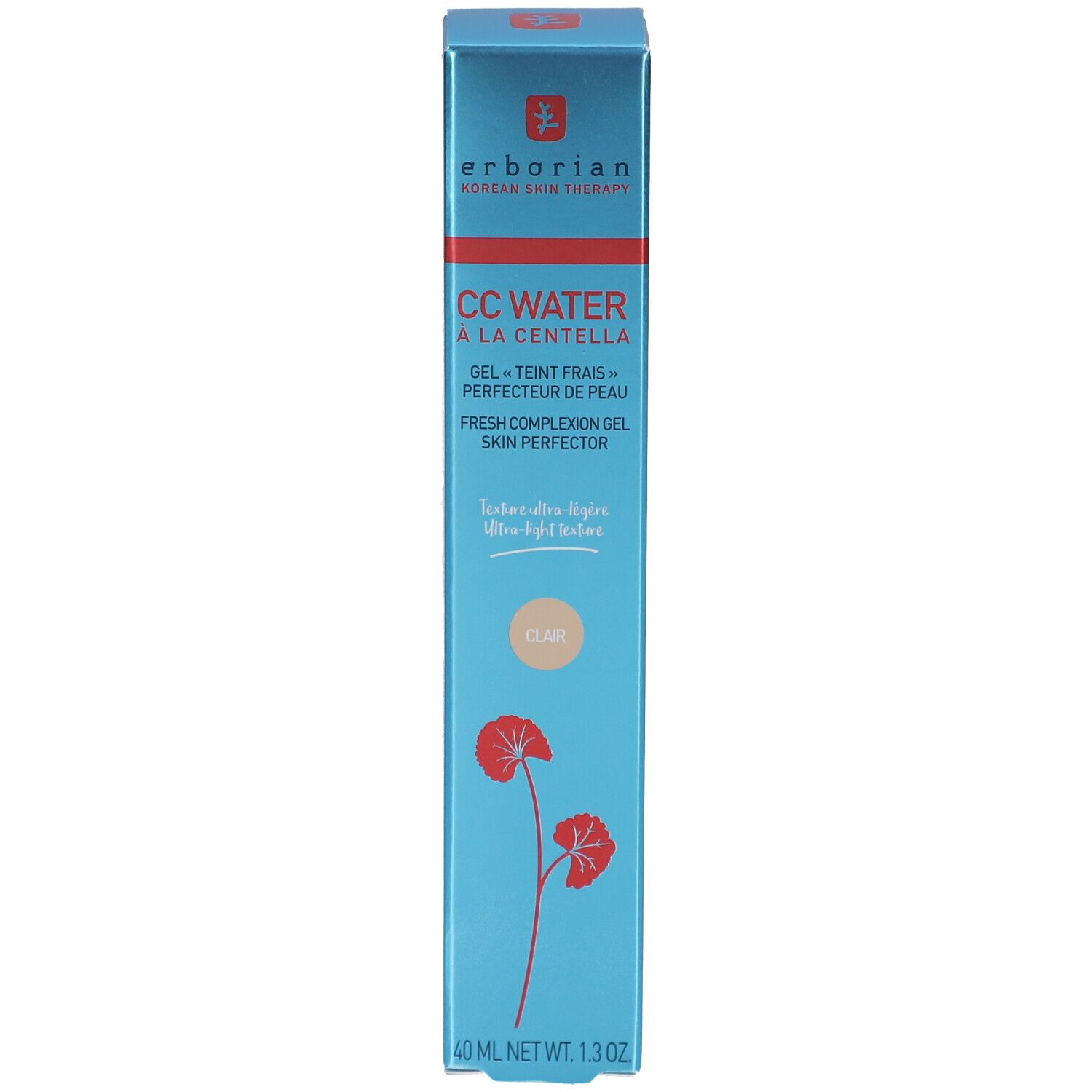 Boîte bleue. Erborian CC Water à la Centella. Gel-Teint frais. Skin Perfector. 40 ml.
