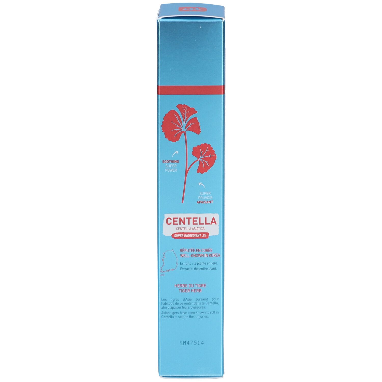 Boîte bleue. Inscription : Centella Asiatica. Super ingrédient. Description du produit en français.