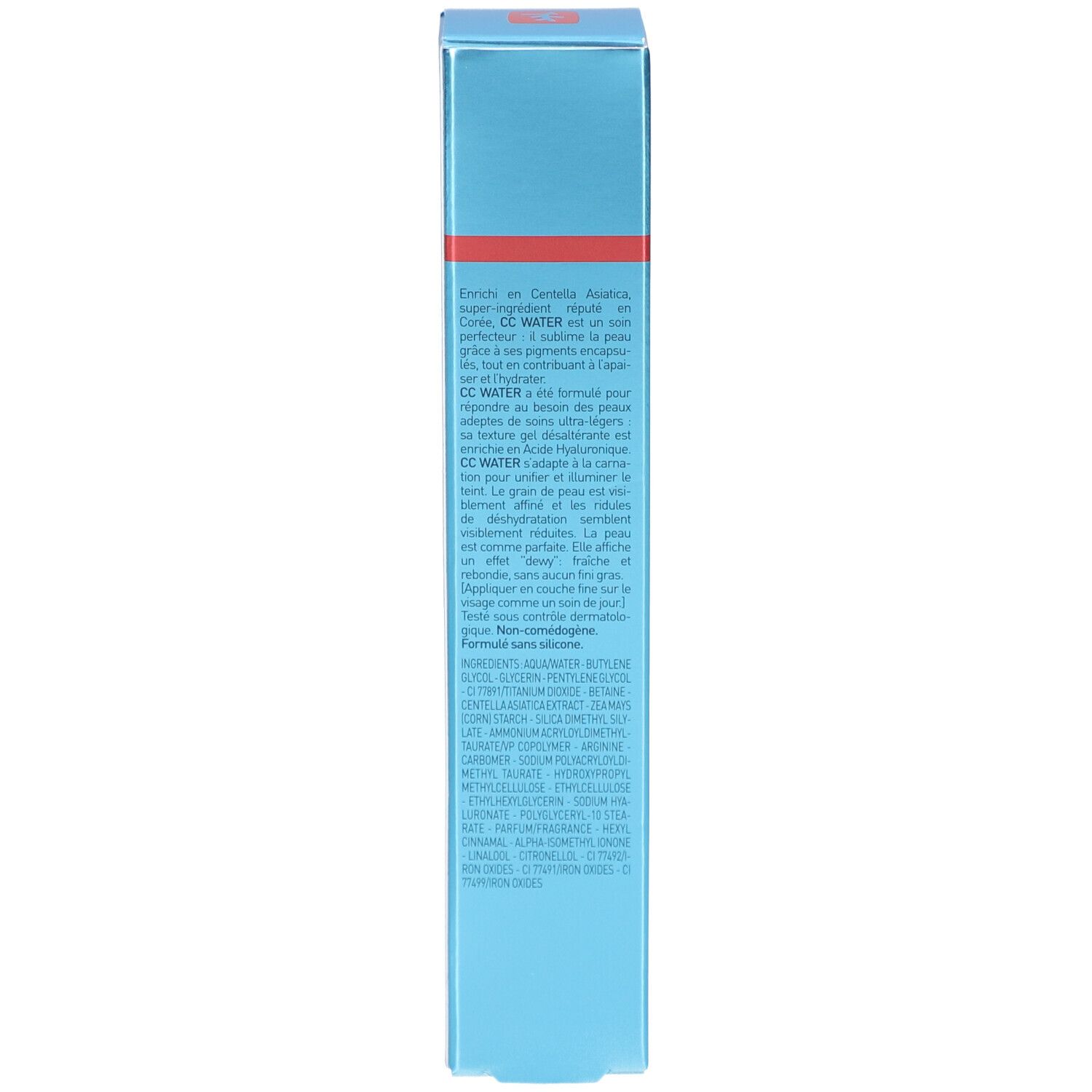 Boîte bleue. Description du produit et ingrédients. Texte en français.