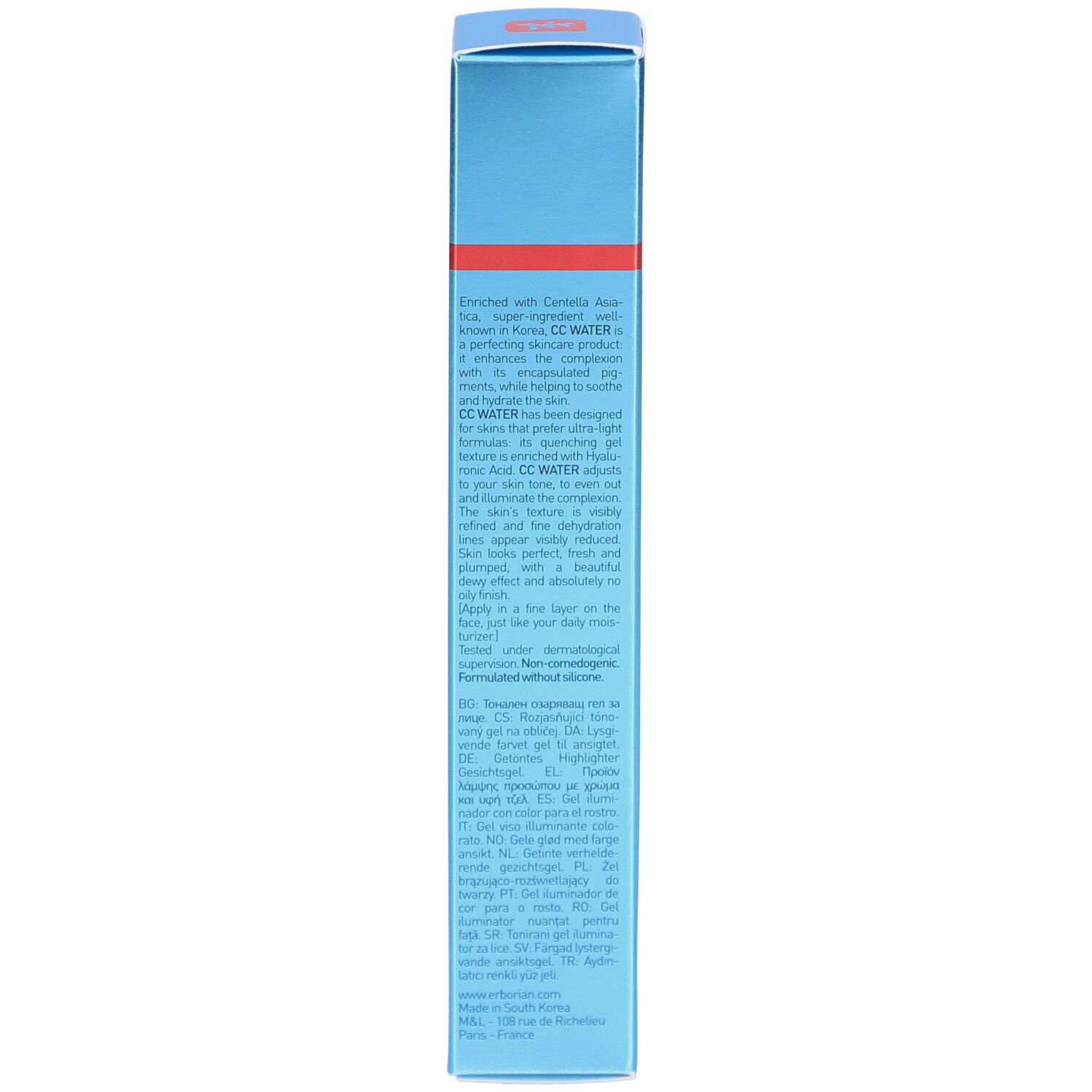 Boîte bleue. Description du produit et ingrédients. Texte en anglais.
